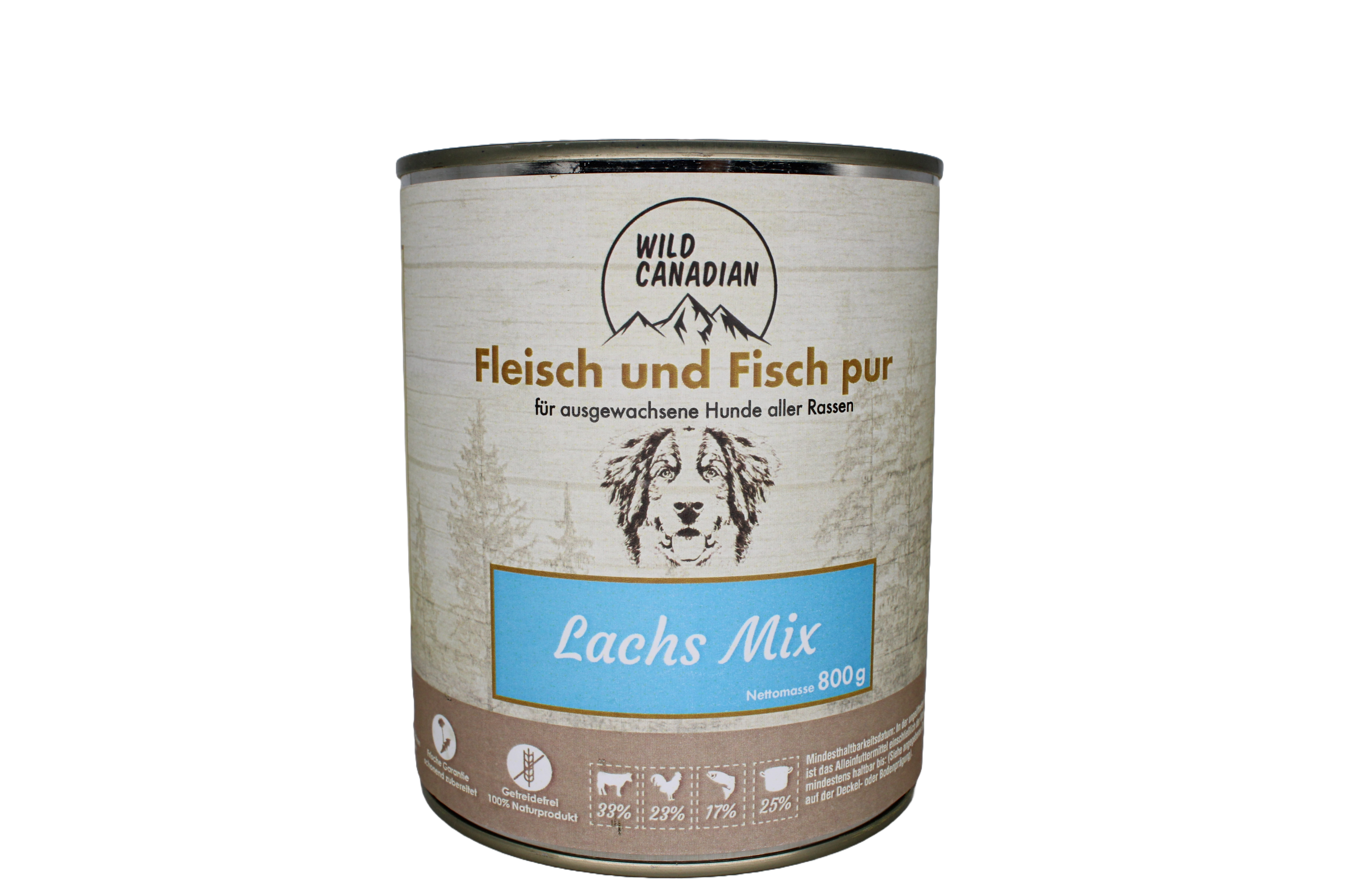 Eine Futterdose in Naturoptik mit blauem Etikett und der Aufschrift „Lachs Mix“. Oben steht „Fleisch und Fisch pur“, darunter eine Hundegrafik. Unten Piktogramme mit Fleisch- und Fischanteilen.