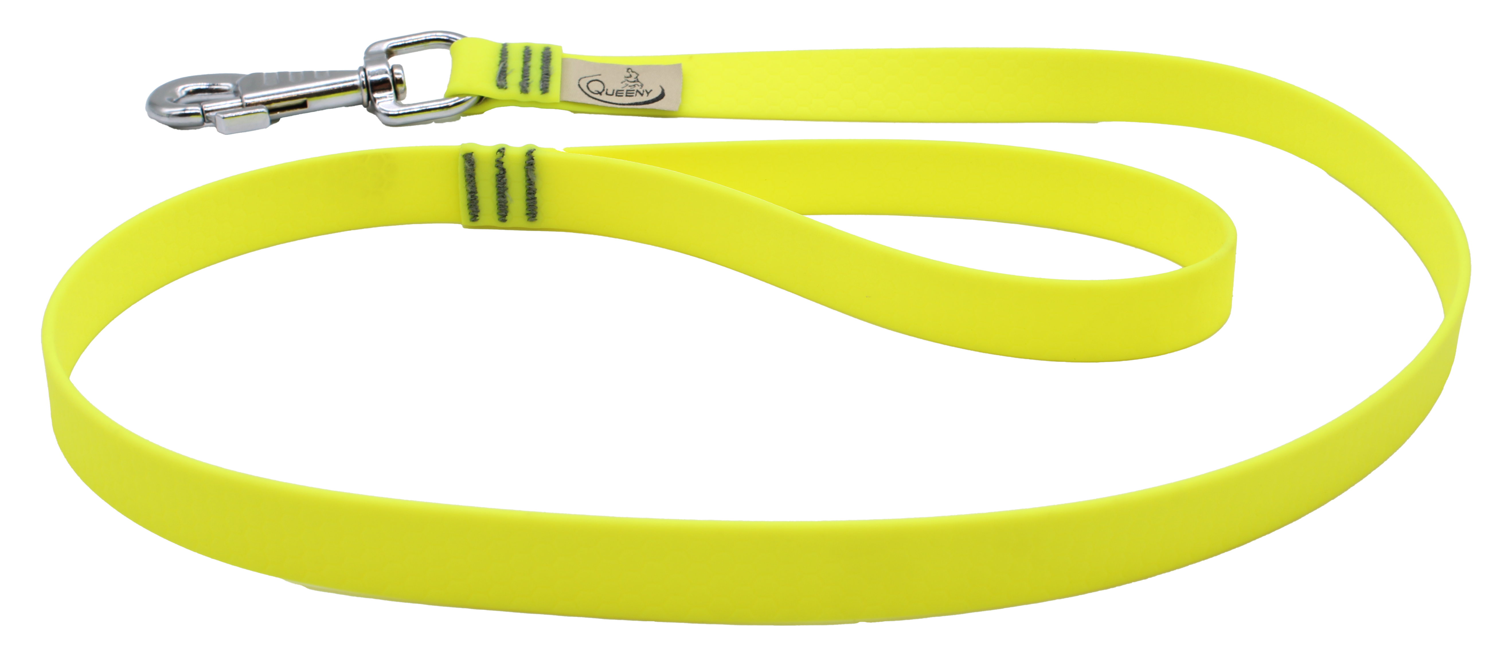 Hundeleine in neongelber Farbe mit strukturierter Oberfläche, Metallkarabiner am Ende und kleinem Label nahe dem Verschluss.