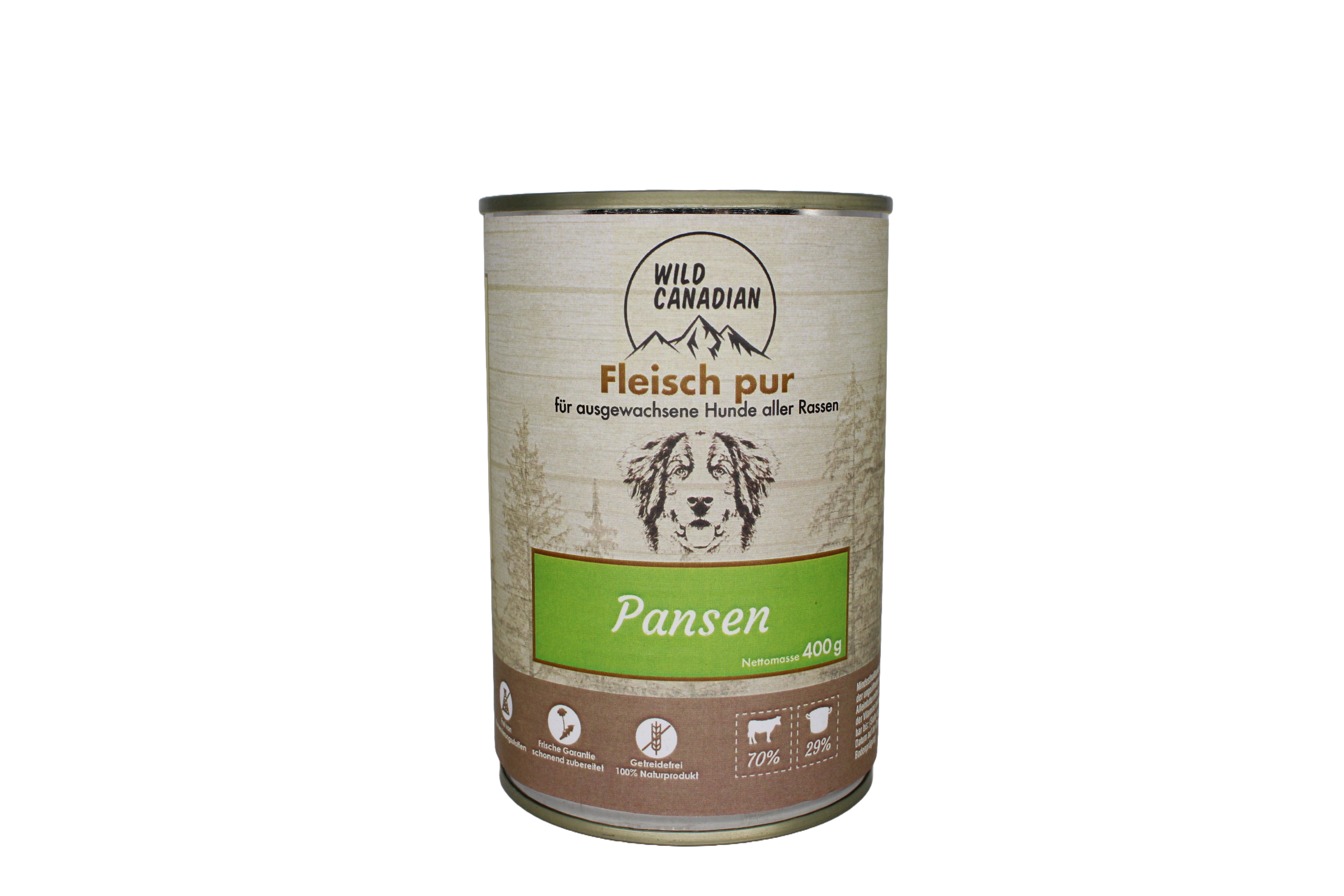 Eine zylindrische Futterdose mit beigem Etikett und der Aufschrift „Wild Canadian – Pansen“. Unten sind Piktogramme sowie ein gezeichneter Hundekopf abgebildet.