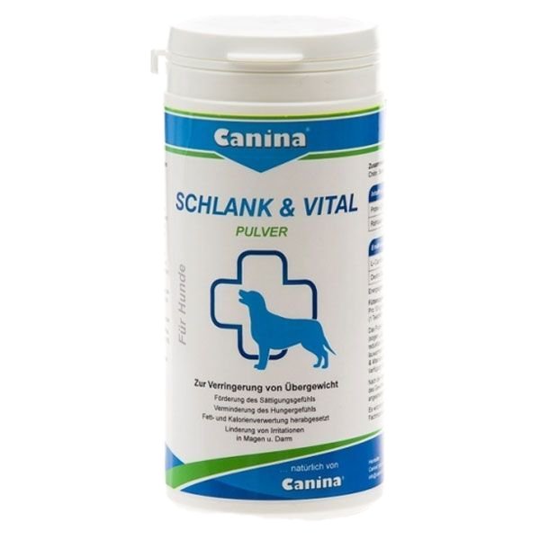 Weiße Dose mit blau-grüner Aufschrift „Canina SCHLANK & VITAL PULVER – Für Hunde“. Text zu Sättigung, Gewichtsreduktion und Magen-Darm-Verträglichkeit.