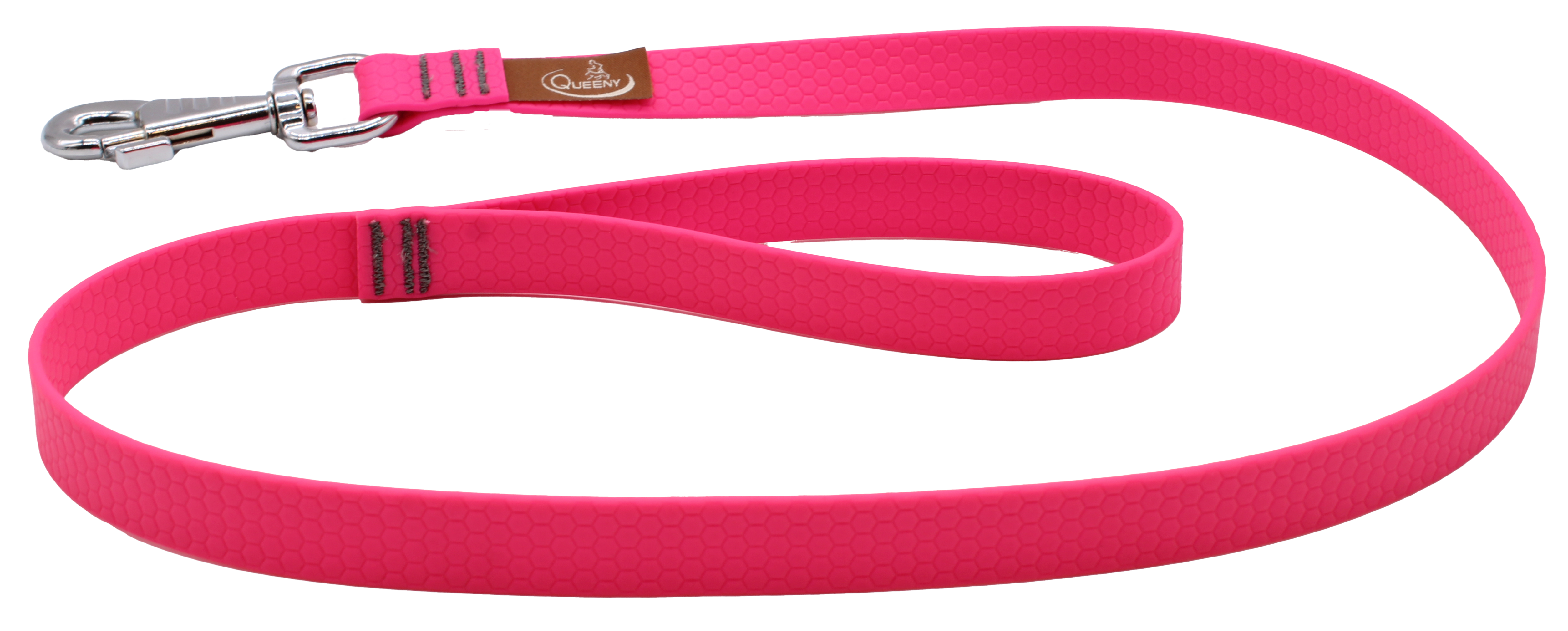 Hundeleine in Neonrosa mit strukturierter Oberfläche, Metallkarabiner am Ende und kleinem Label nahe dem Verschluss.