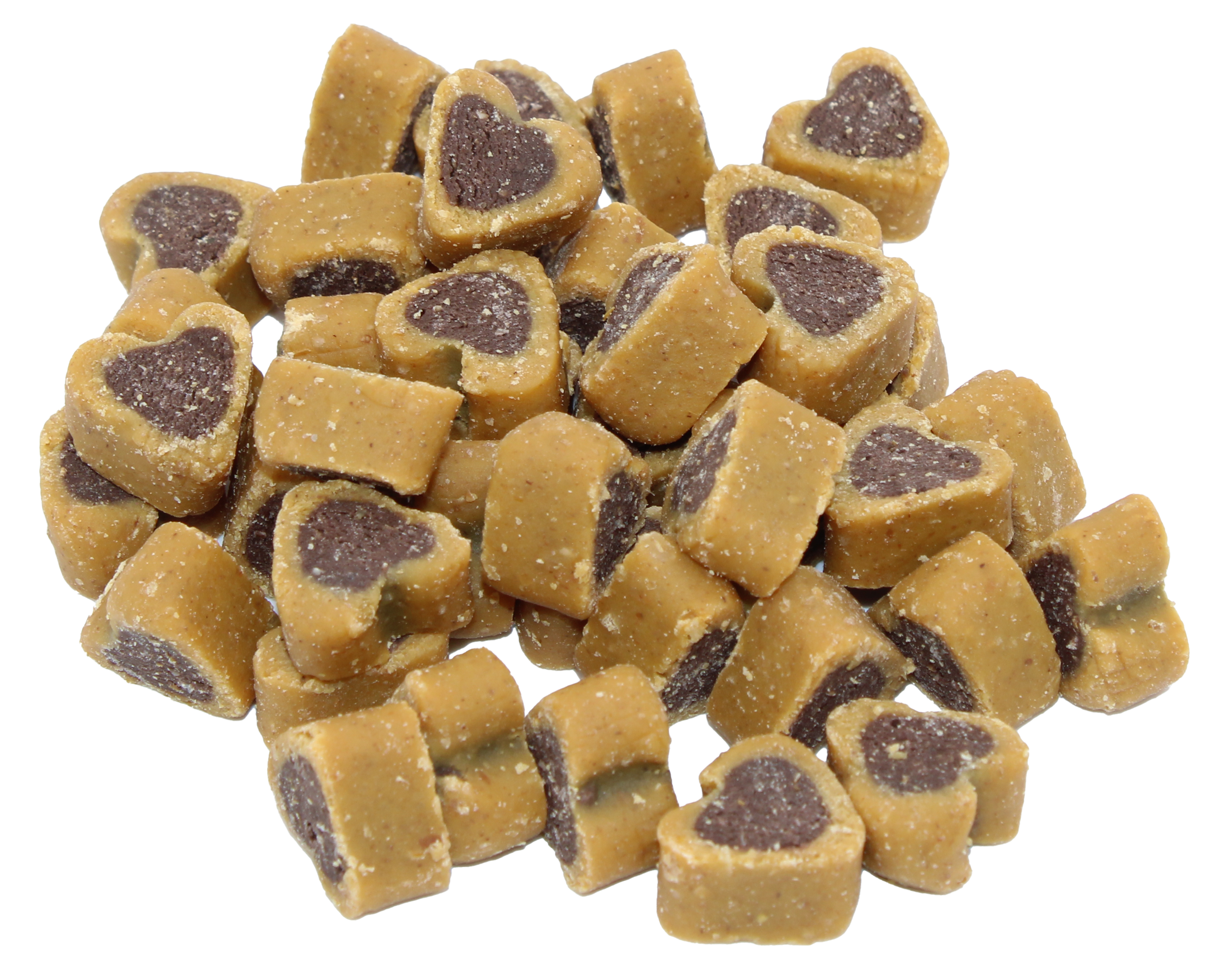 Softy Hearts Herzförmige Hunde-Leckerlis mit gelber äußerer Schicht und dunklem Zentrum. Die Snacks wirken weich