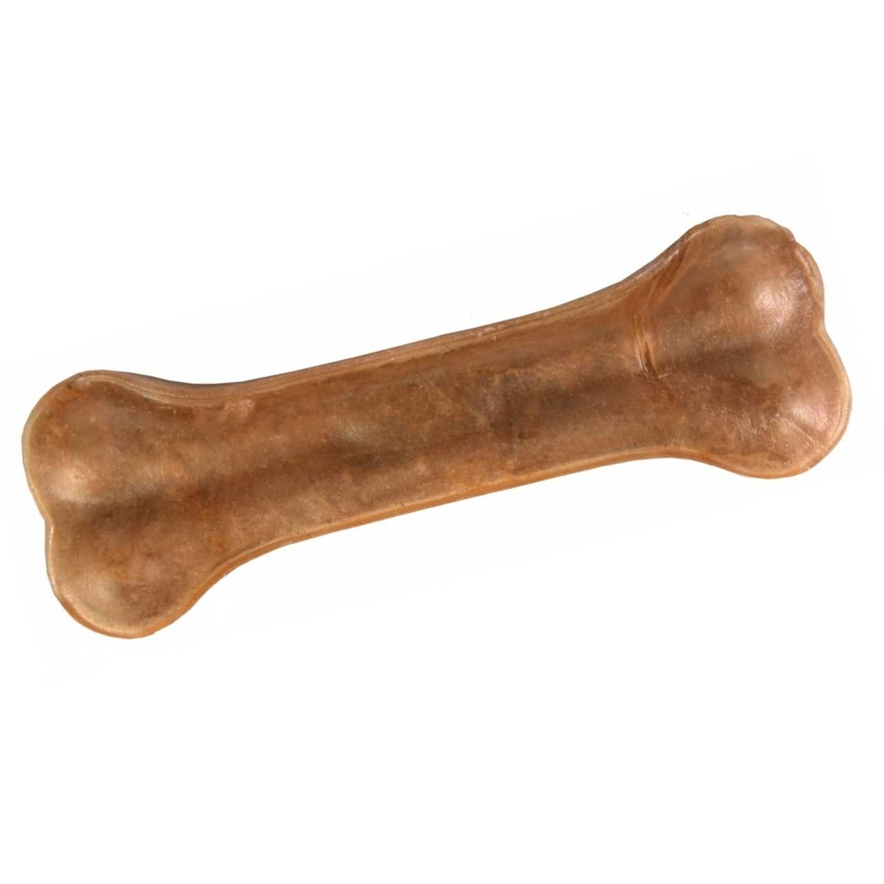 Brauner Kauknochen für Hunde mit glatter, fester Oberfläche. Die Form erinnert an einen klassischen Knochen, das Material wirkt robust und leicht glänzend.