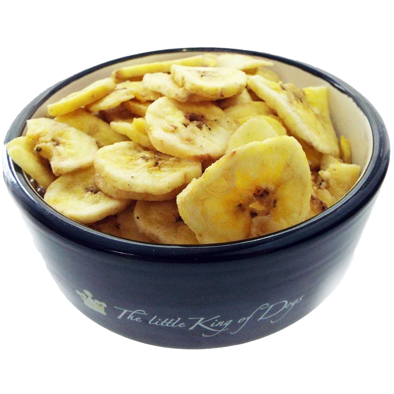 Eine Schale mit getrockneten, gelblichen Bananenscheiben. Die Scheiben sind rund, leicht gebogen und zeigen vereinzelt dunkle Punkte in der Mitte.