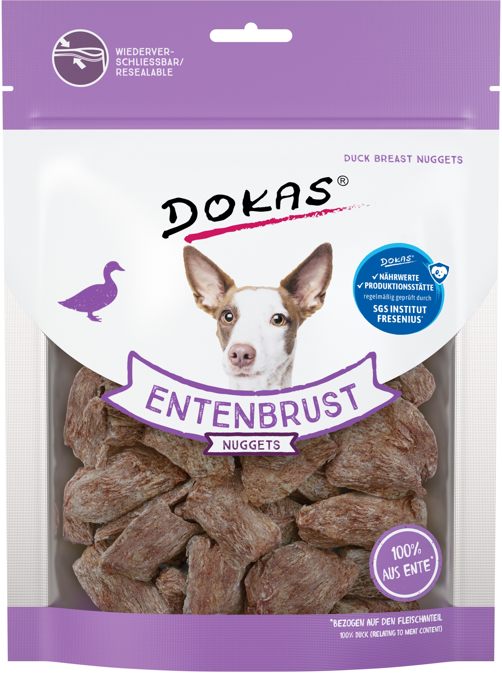 Lila-weiße Verpackung von Dokas Entenbrust Nuggets für Hunde, mit Hundebild, Enten-Illustration, 100 % Ente und wiederverschließbarem Beutel.