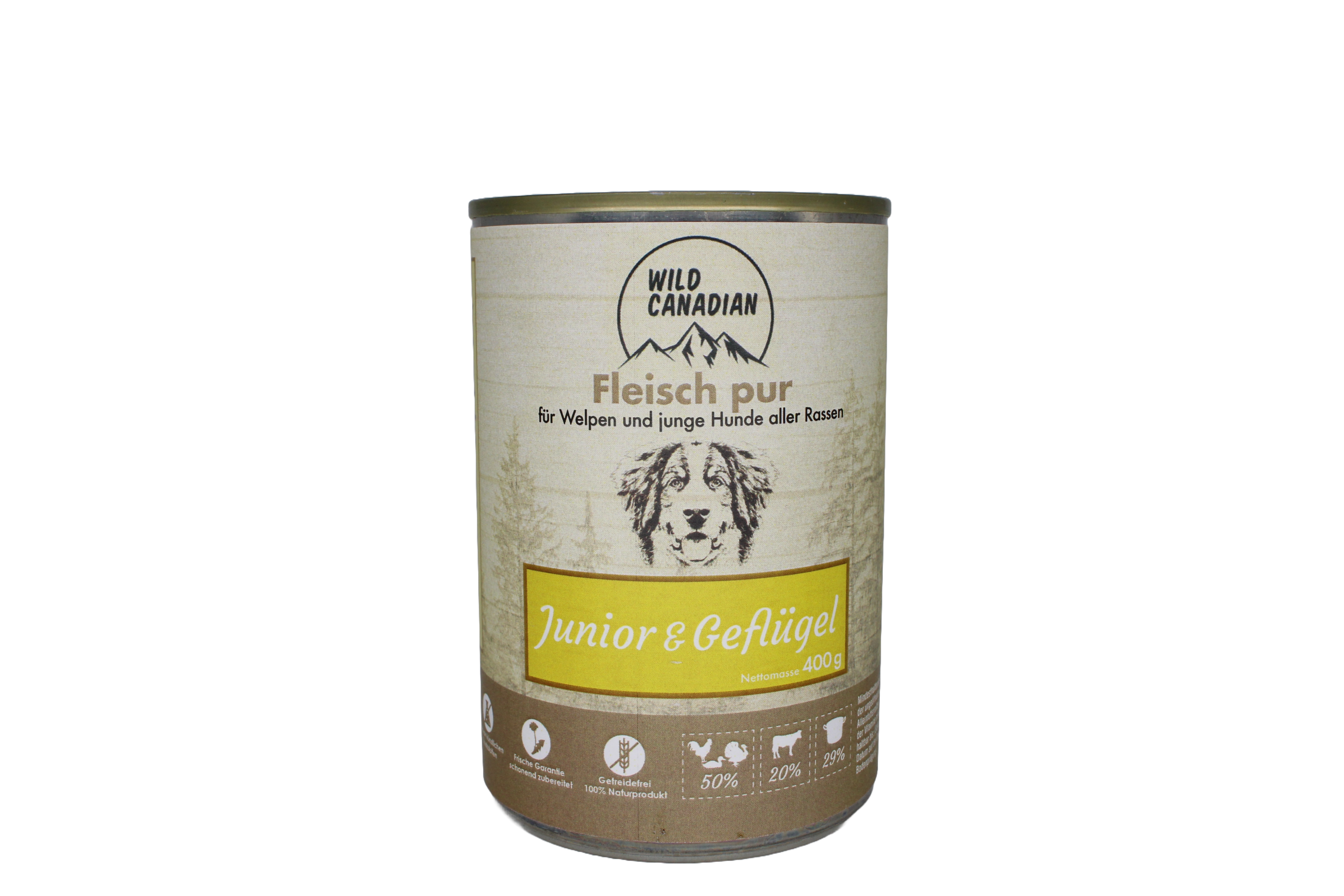 Eine Hundefutterdose mit beigem Etikett und der Aufschrift „Junior & Geflügel“. Unten sind Symbolbilder von Geflügel, Rind und Becher auf braunem Hintergrund zu sehen.