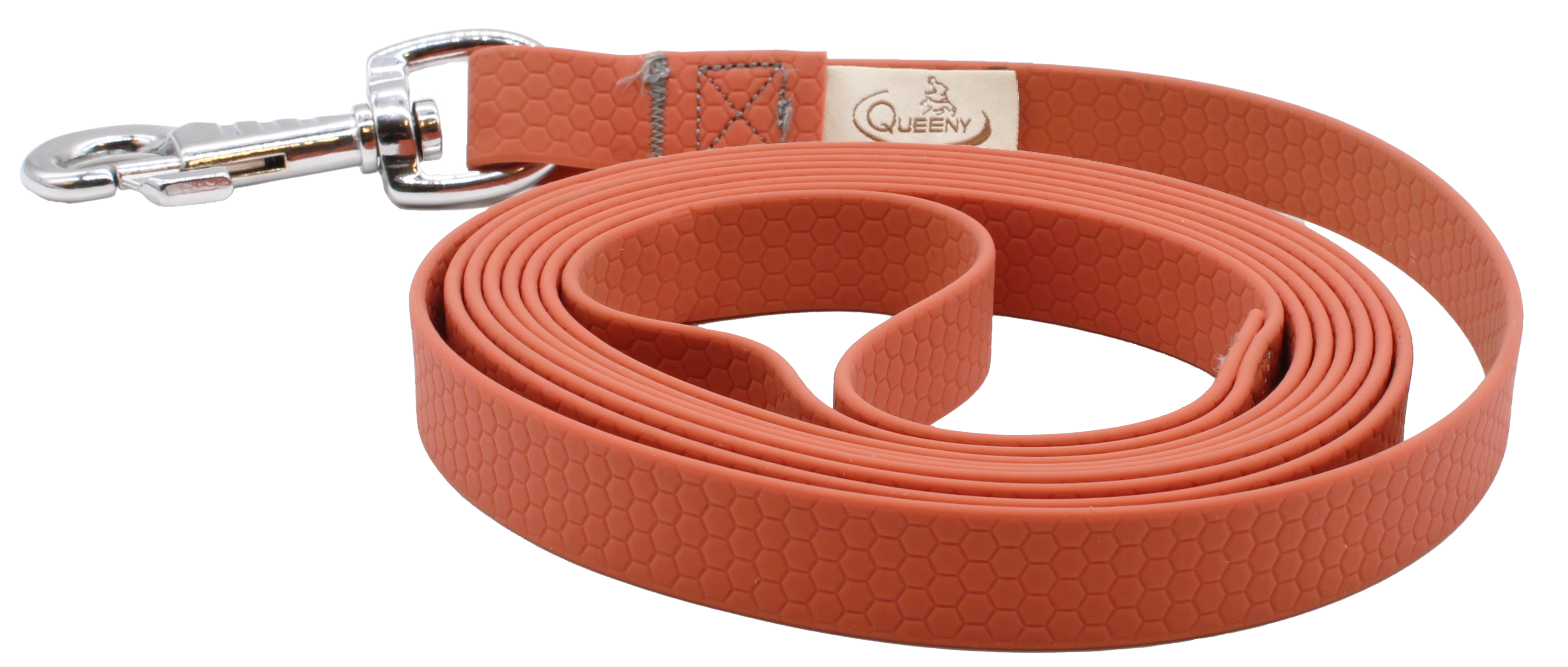 Hundeleine in aprikosenbrauner Farbe mit strukturierter Oberfläche, Metallkarabiner am Ende und kleinem Label nahe dem Verschluss.