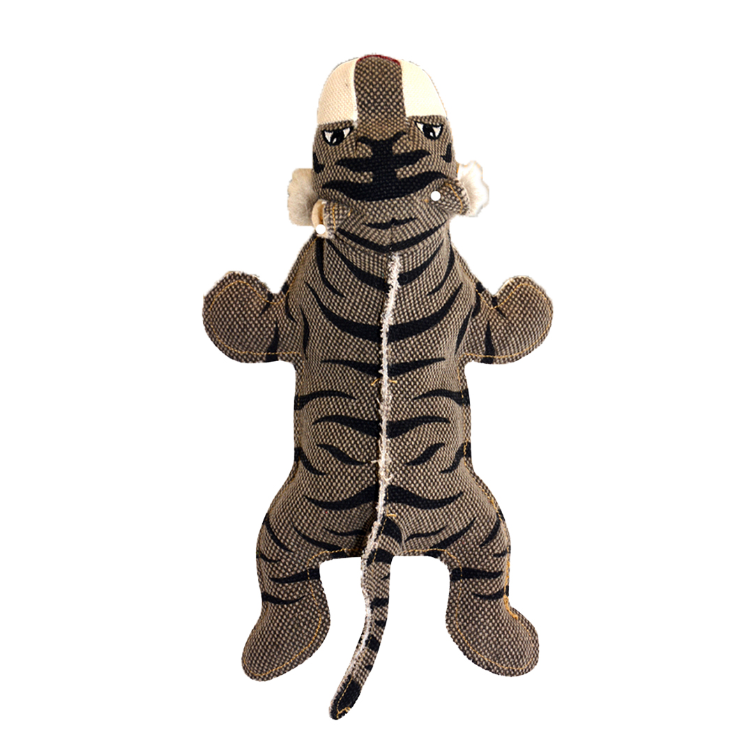 Hundespielzeug in Tigerform mit beigem Stoff und schwarzen Streifen. Strukturierte Oberfläche, gesticktes Gesicht, kleine Ohren und langer Schwanz.