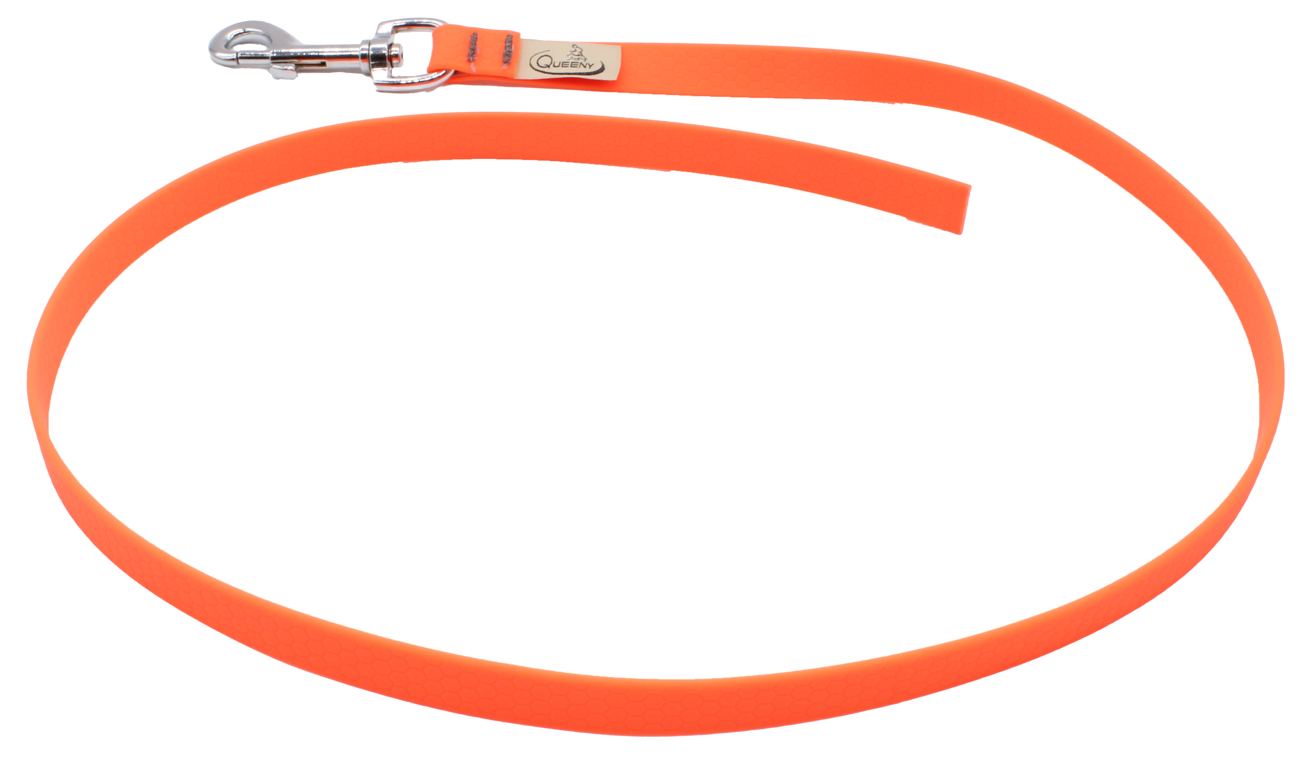 Hundeleine in Neonoranger Farbe mit strukturierter Oberfläche, Metallkarabiner am Ende und kleinem Label nahe dem Verschluss.