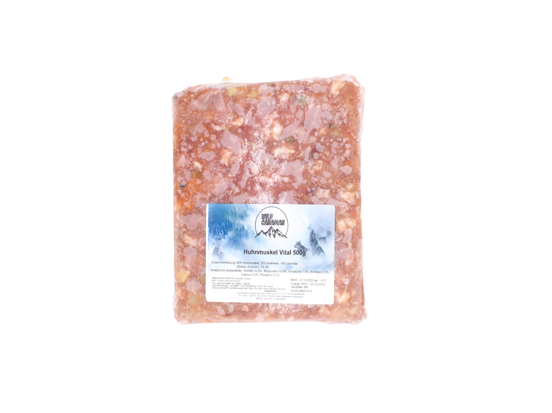 Ein flach verpackter Beutel mit weiß-blauem Etikett und der Aufschrift „Huhnmuskel Vital“. Die Füllung ist hellrosa, grob gewolft mit sichtbaren Fettstückchen und Gemüseeinschlüssen.