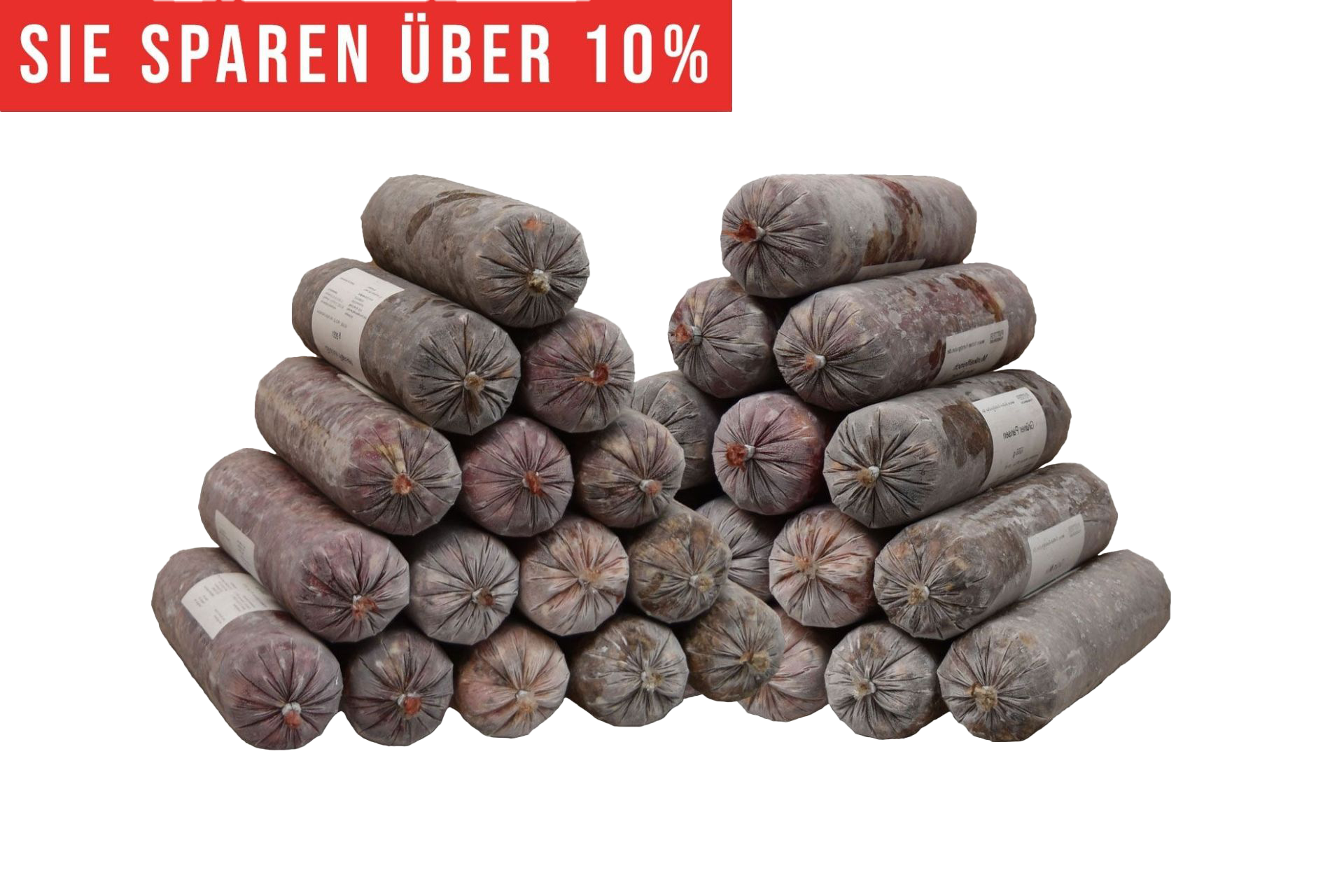 Zwei pyramidenförmig gestapelte Haufen aus gefrorenen Fleischrollen in grauem Kunstdarm. Die Füllung wirkt rötlich bis braun. Oben roter Hinweis „Sie sparen über 10 %“.