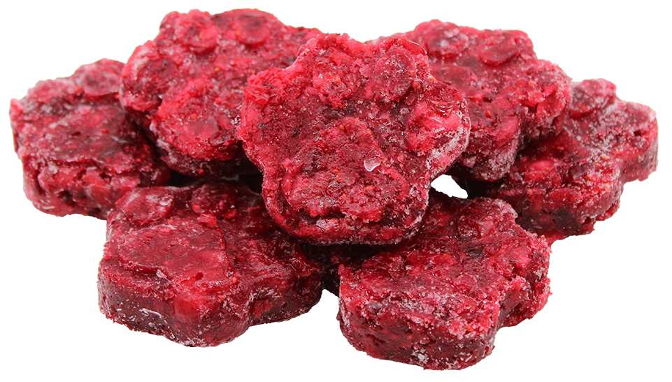 Mehrere gefrorene Pfötchen aus pürierten roten Johannisbeeren, in dunklem Rot. Die Form zeigt deutlich erkennbare Pfotenabdrücke
