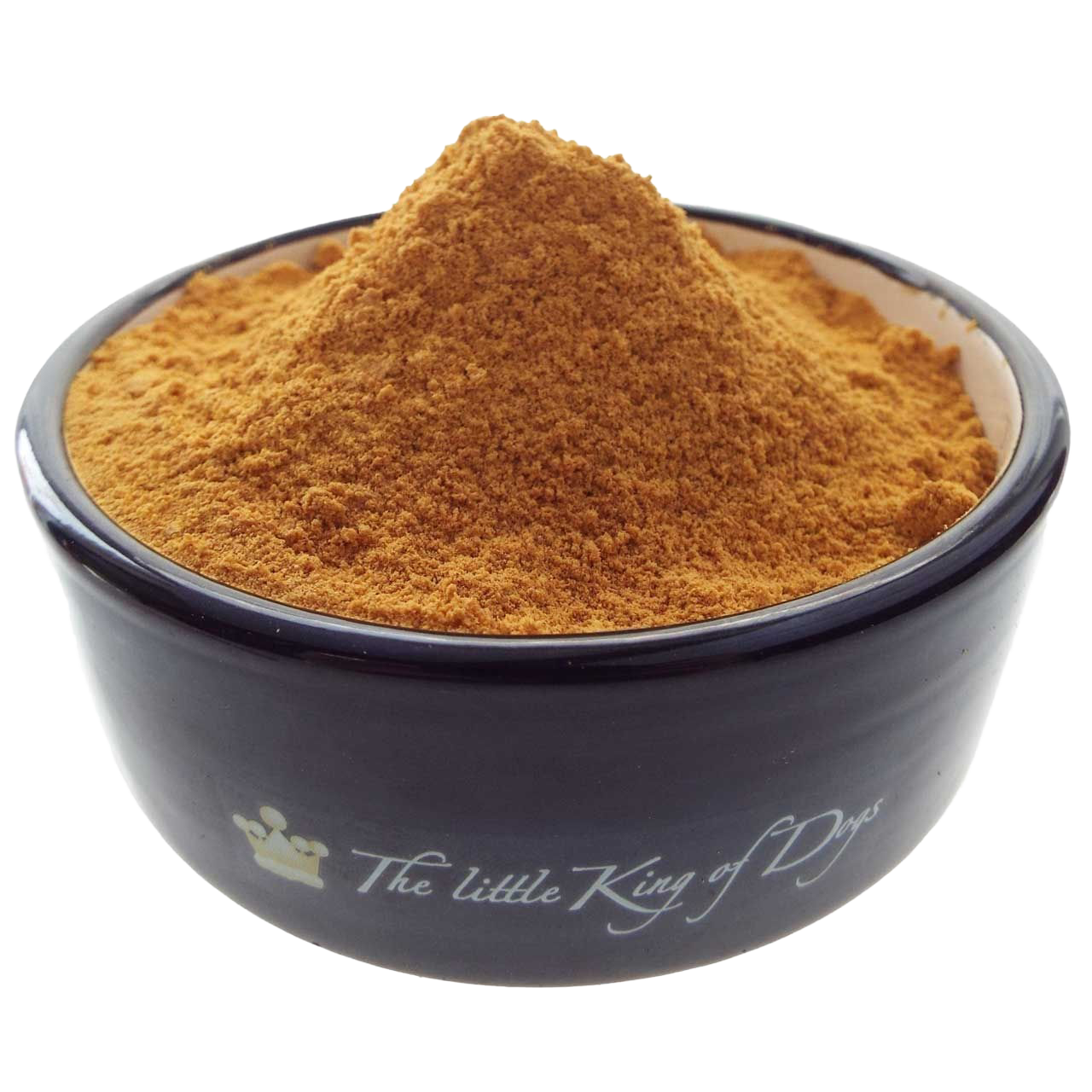  Ein dunkelblau-schwarzer Napf, gefüllt mit feinem, orangebraunem Pulver in einer kleinen Kuppe mittig aufgeschüttet.