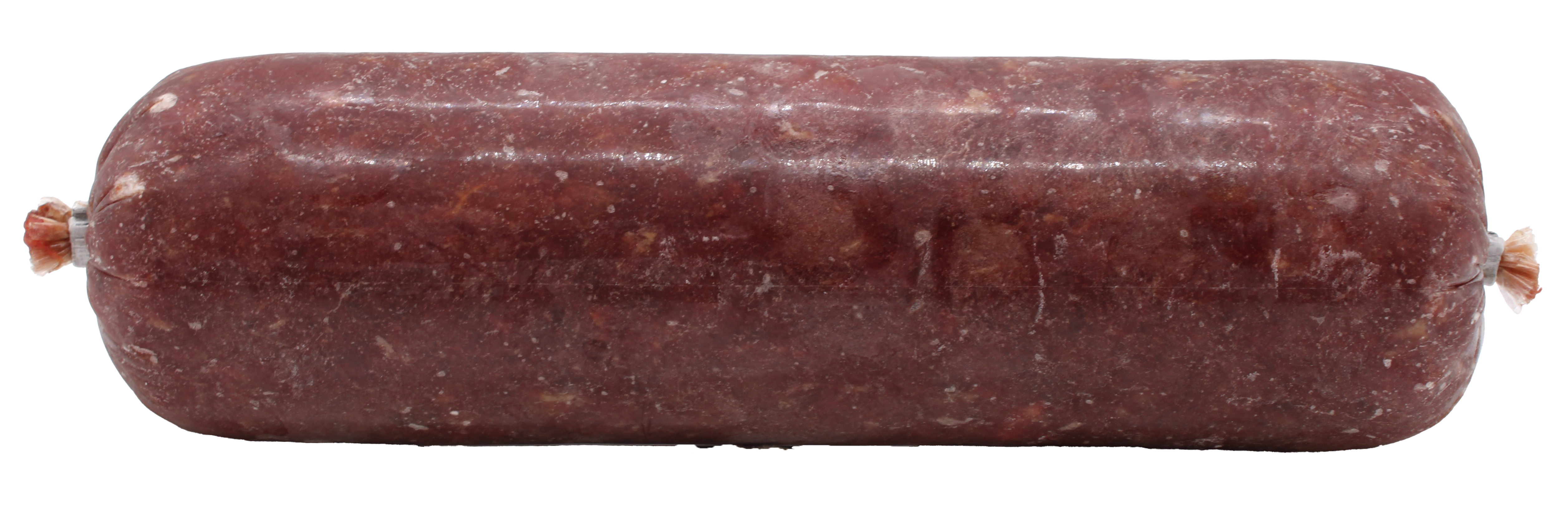 Eine Frostfleischrolle ohne Etikett in durchsichtigem Kunstdarm. Die Füllung ist fein gewolft, gleichmäßig strukturiert und zeigt eine dunkelrotbraune Farbe mit wenigen helleren Fleischanteilen.