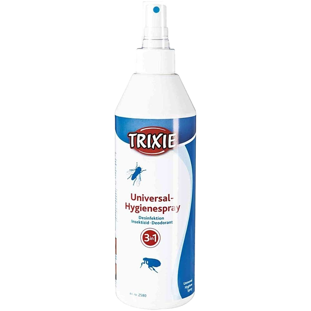 Sprühflasche mit weißem Körper und blauem Sprühkopf, Etikett in Blau- und Grautönen mit grafischen Elementen und klaren Linien.