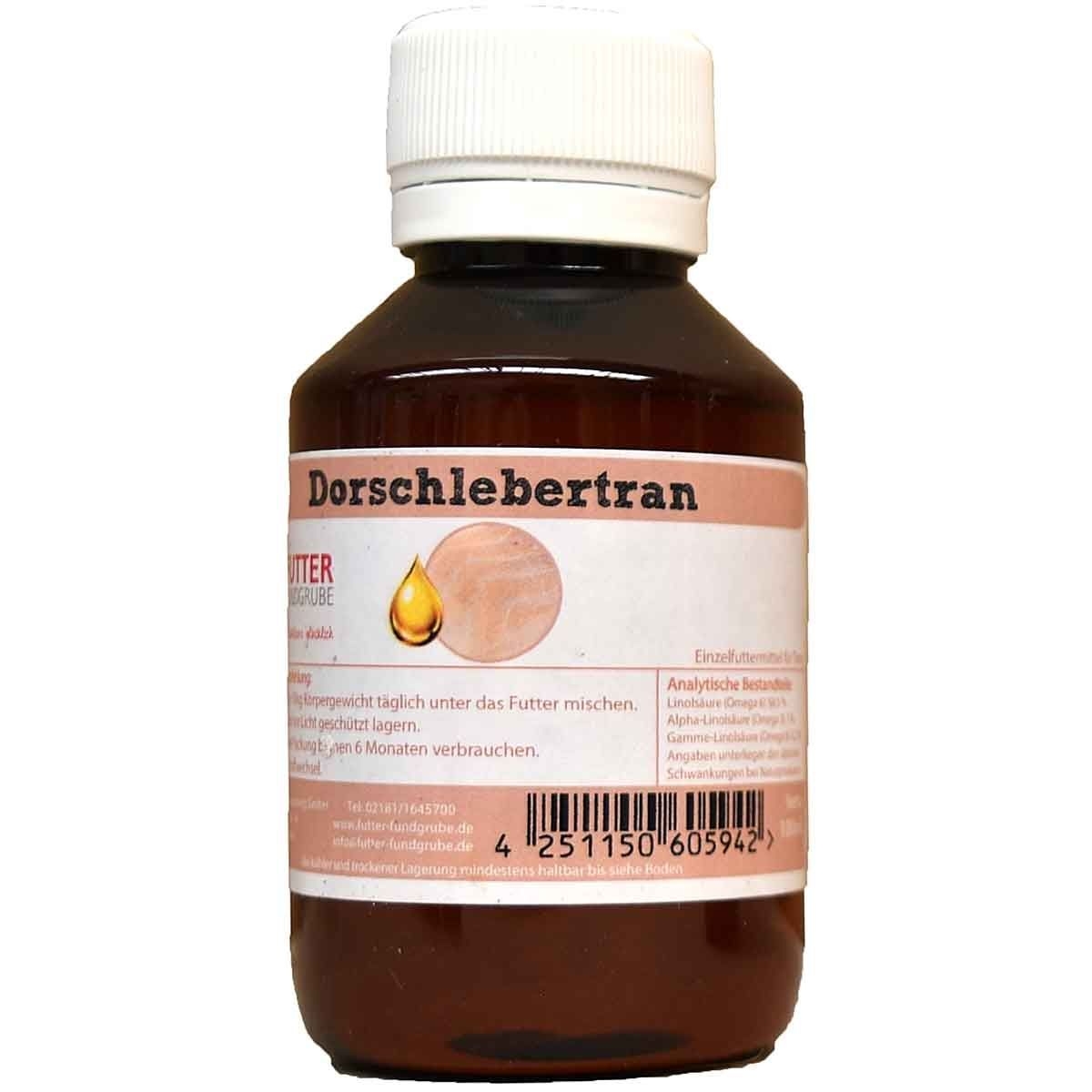 Dorschlebertran 3 L Eine braune Kunststoffflasche mit weißem Schraubdeckel und dem Etikett ‚Dorschlebertran‘. Das Etikett zeigt einen gelben Tropfen und einen hellen Hintergrund mit Text.“