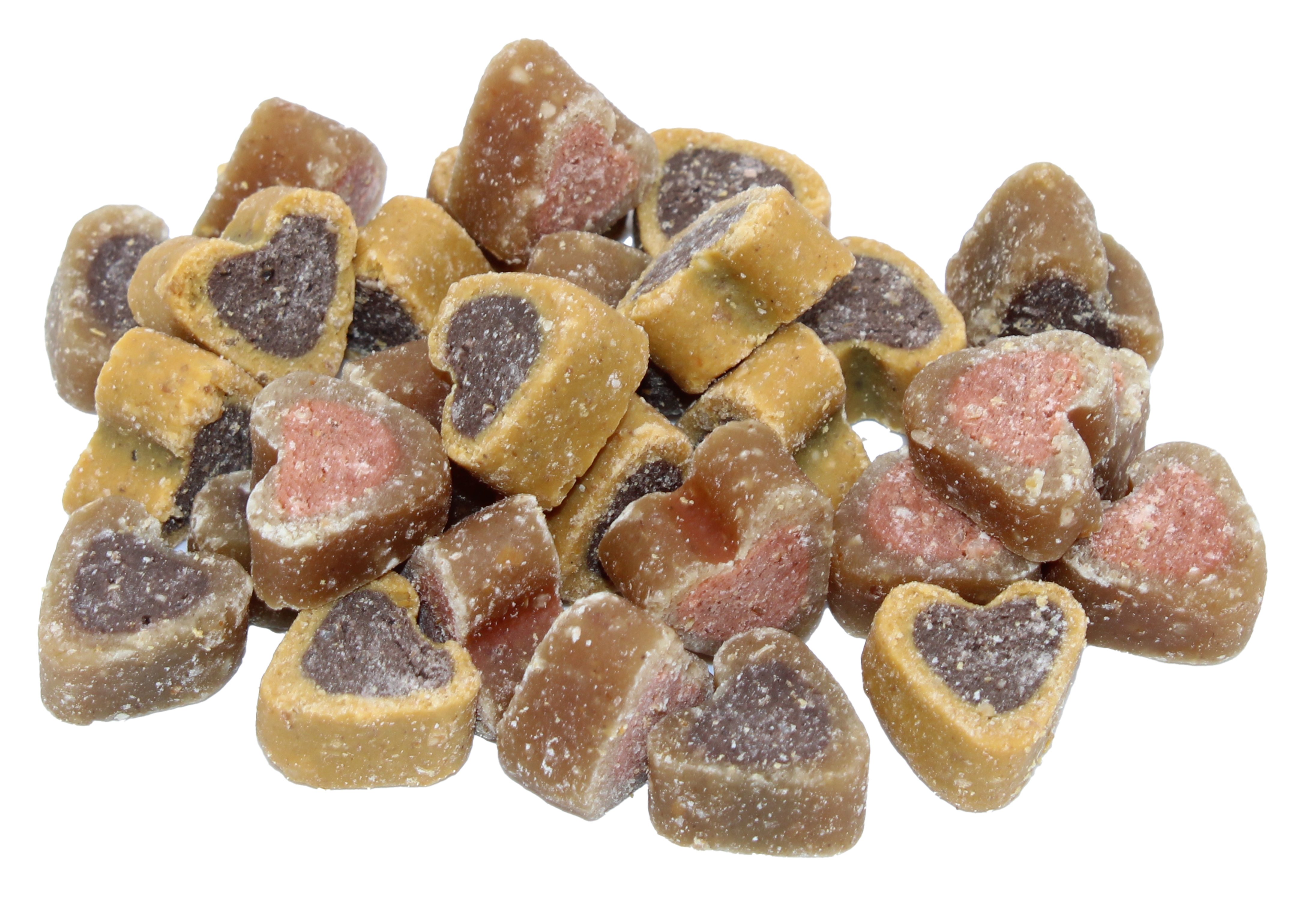 Herzförmige Hunde-Leckerlis mit gelber und brauner Außenschicht sowie Zentren in Rosa und Dunkelbraun. Die Snacks wirken weich