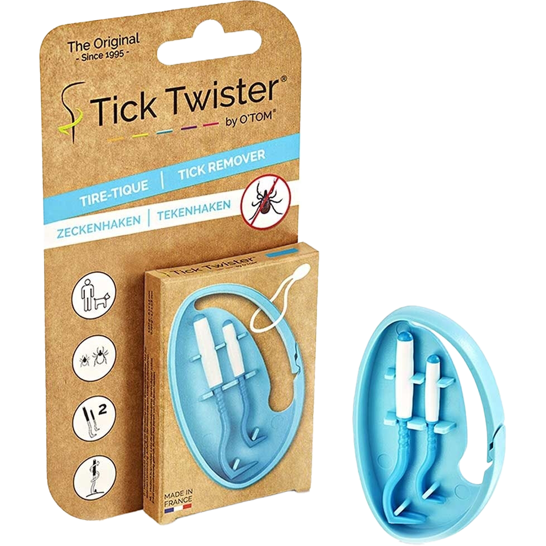 Verpackung mit zwei blauen Zeckenhaken aus Kunststoff zur Entfernung von Zecken bei Mensch und Tier, inklusive Illustrationen.