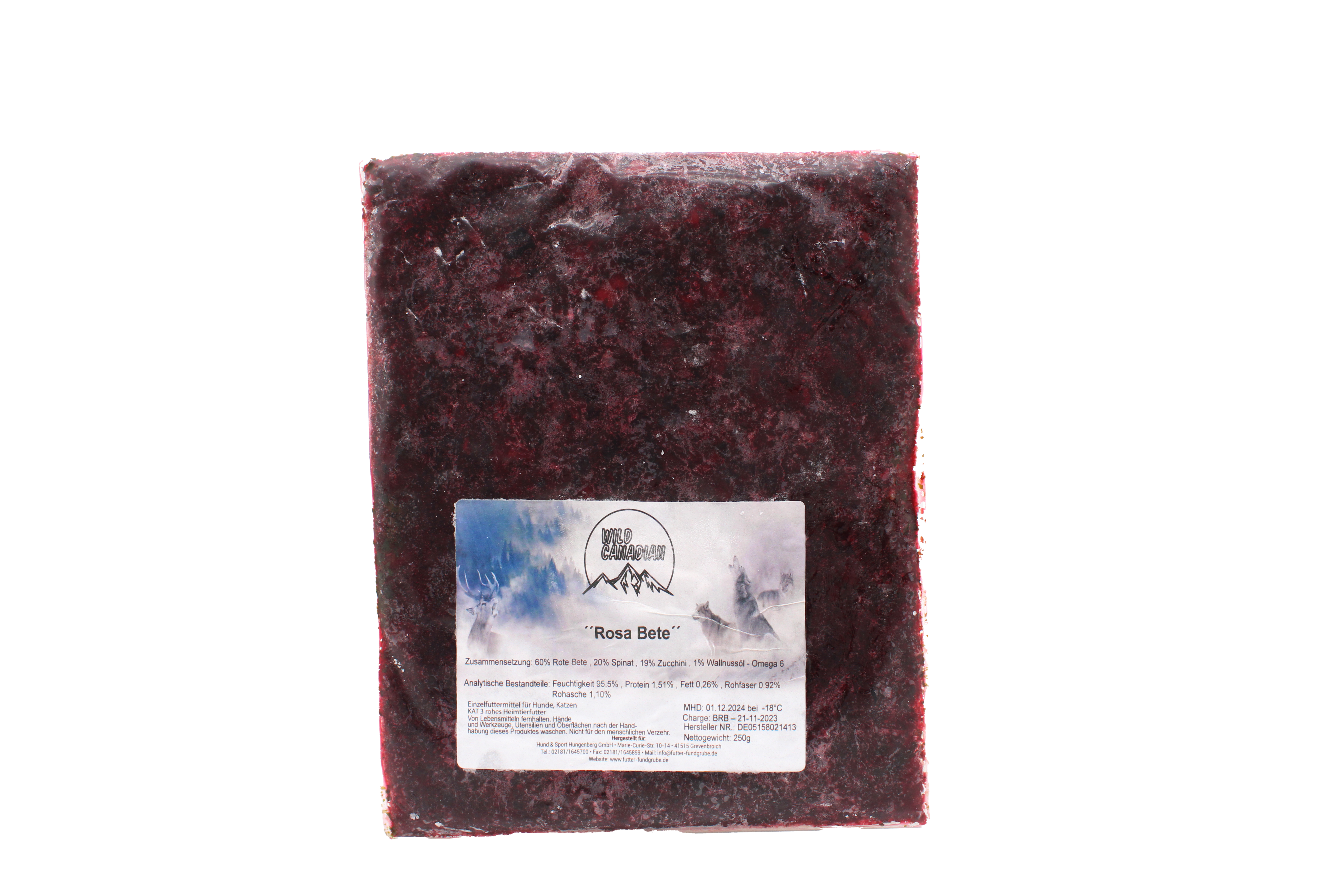 Ein flacher, transparenter Kunststoffbeutel mit weißem Etikett und der Aufschrift „Rosa Bete“. Die Füllung ist fein zerkleinert und hat eine dunkelrote bis violette Farbe mit leicht körniger Struktur.