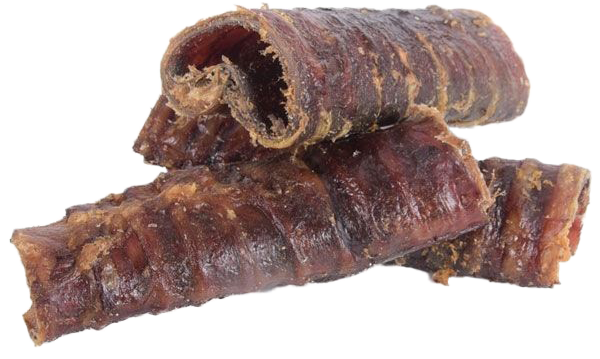 Drei gerollte Stücke getrocknete Pferdestrosse mit dunkelbrauner Farbe und quer verlaufender, rippiger Struktur, außen leicht glänzend mit rauer Oberfläche.