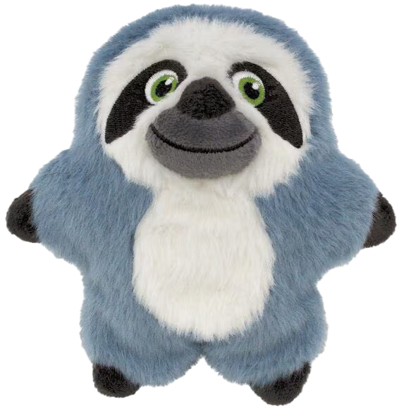 Plüschspielzeug in Form eines Faultiers mit blauem Fell, weißem Gesicht und Bauch, schwarzen Pfoten und großen grünen Augen.