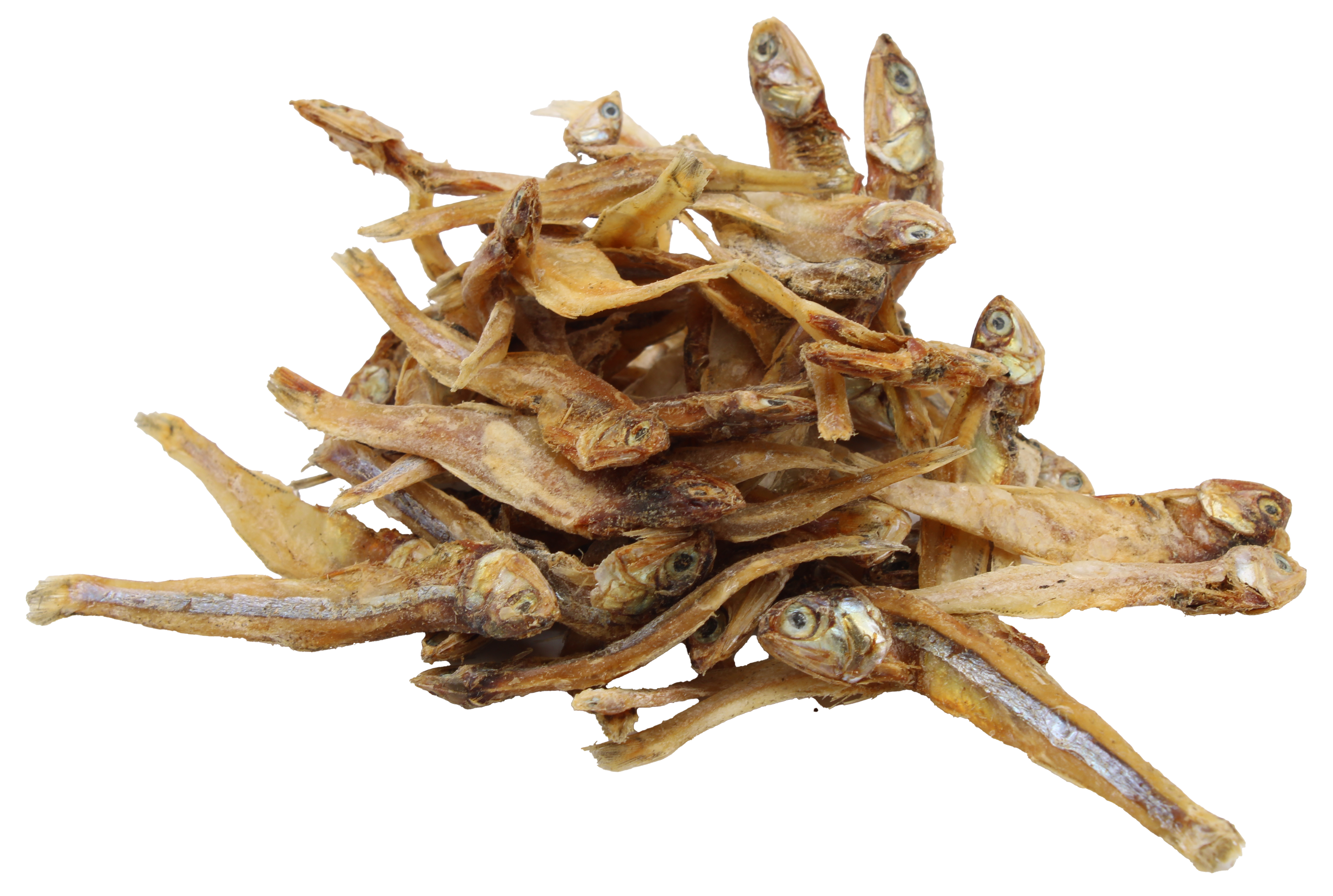 Sardellen getrocknet Ein Haufen getrockneter Sardellen für Hunde und Katzen, goldbraun und leicht glänzend. Die ganzen kleinen Fische sind länglich, flach und zeigen Köpfe sowie Flossen
