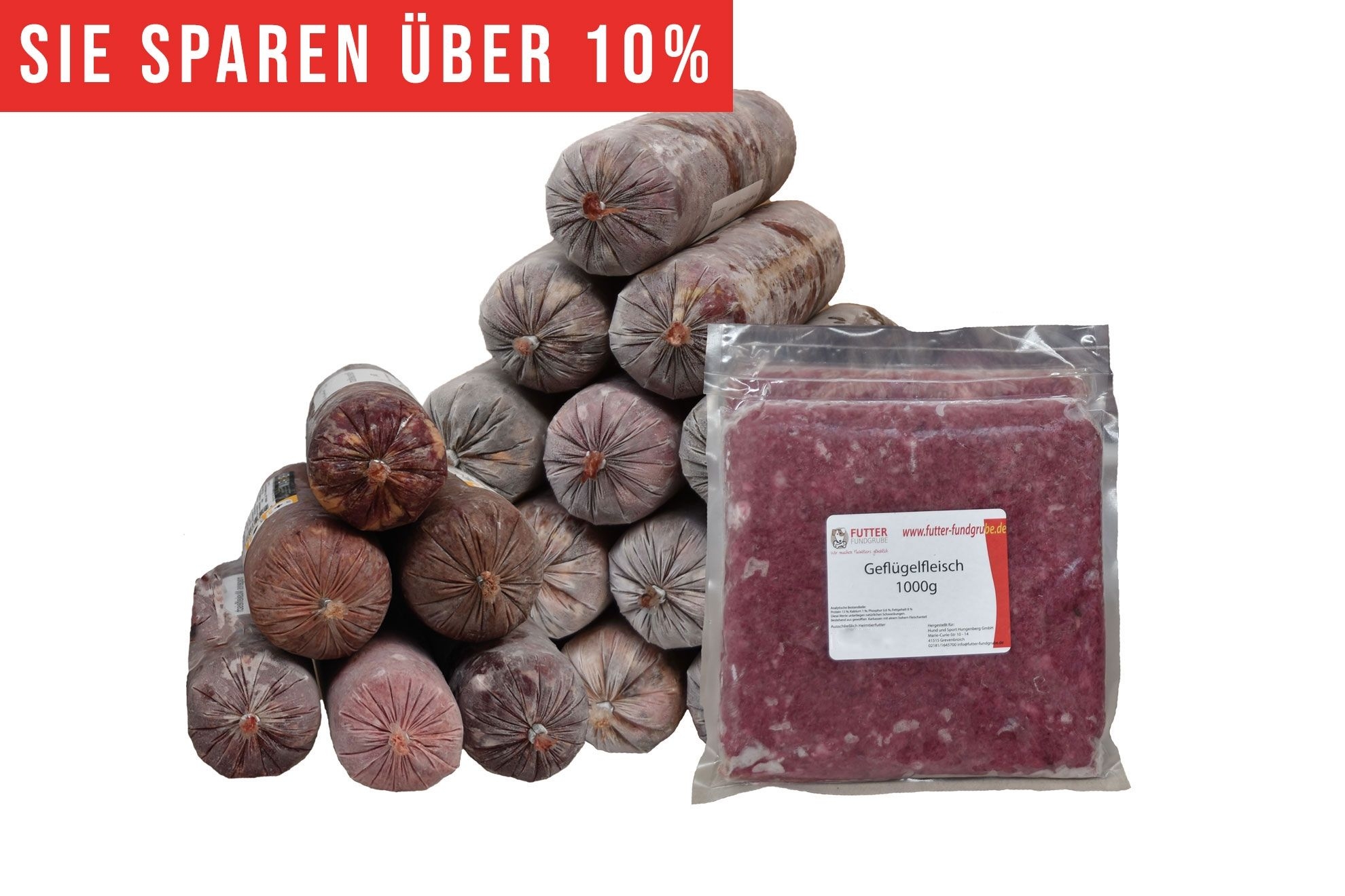 Sparpaket "Senior/light" 28 kg Ein pyramidenförmiger Stapel gefrorener Fleischrollen in grauem Kunstdarm. Davor ein flacher Beutel mit rosa gewolftem Geflügelfleisch. Oben roter Hinweis „Sie sparen über 10 %“.
