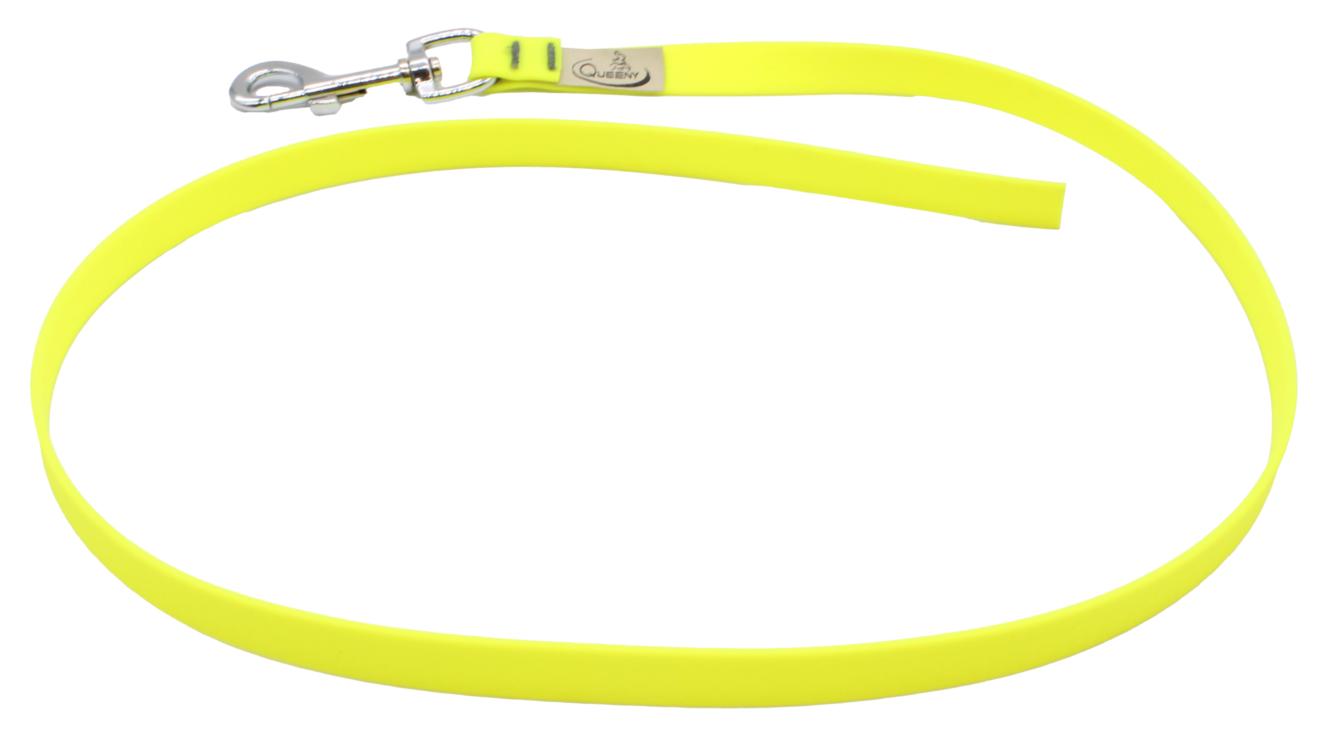 Hundeleine in Neongelber Farbe mit strukturierter Oberfläche, Metallkarabiner am Ende und kleinem Label nahe dem Verschluss.