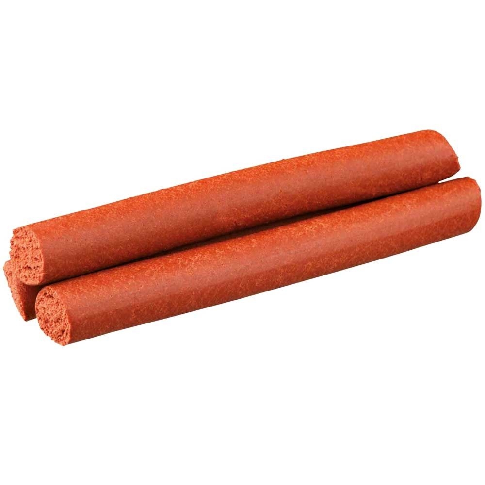  Drei rote Kaustangen für Hunde mit glatter Oberfläche und leicht poröser Struktur an den Enden.