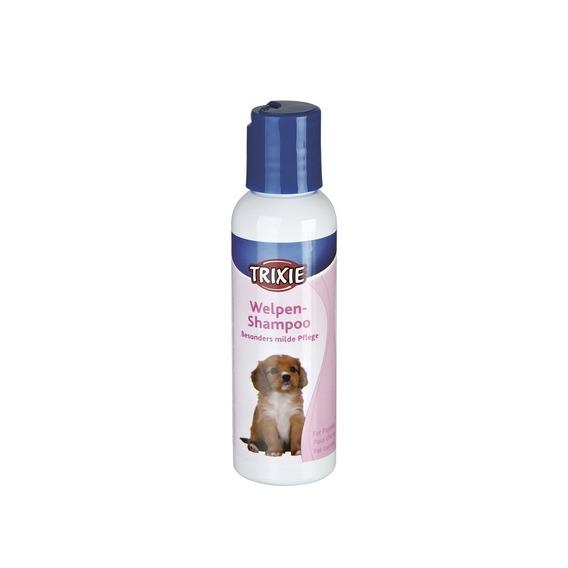 Welpen-Shampoo, 250 ml Weiße Flasche mit blauem Deckel; auf der Vorderseite ein Welpe abgebildet. Glatte Oberfläche, zylindrische Form, dezente Farbgestaltung.