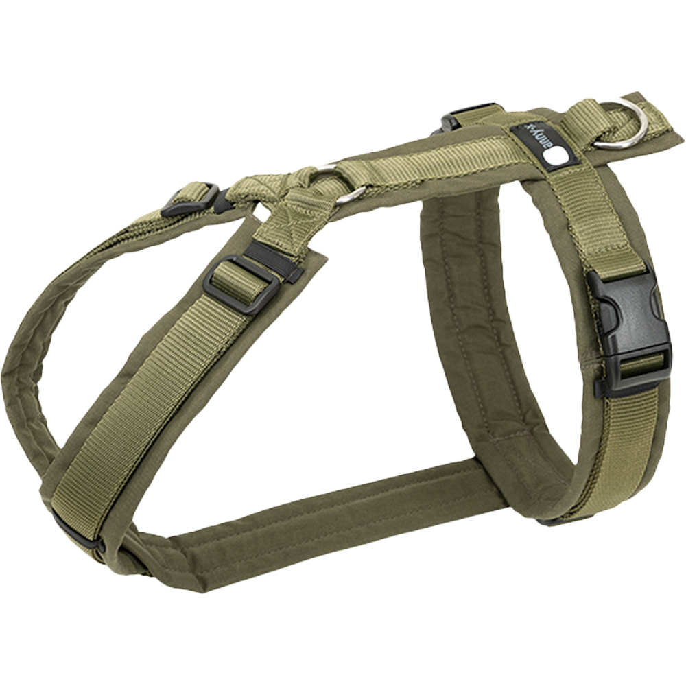 Hundegeschirr mit olivgrünen Riemen. Verstellbare Schnallen, schwarzer Kunststoffverschluss und kleines blaues Etikett an einem der Gurte.