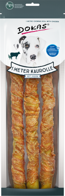 Verpackung mit drei langen Kaustangen aus Entenbrust, sichtbar durch transparenten Bereich; Ente vorne abgebildet, wiederverschließbarer Beutel.