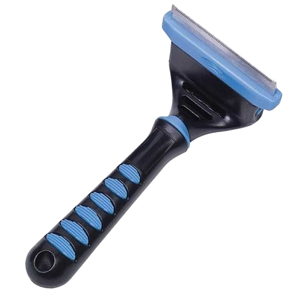 Unterfellbürste mit schwarzem Griff, blauen Gummieinsätzen und feinzahnigem Metallkamm in blauer Kunststofffassung.