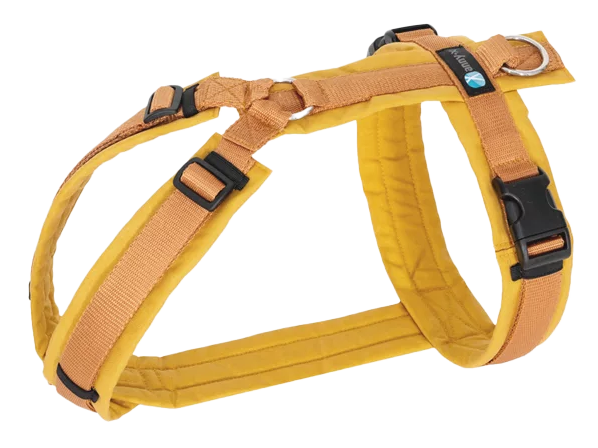 Hundegeschirr mit gepolsterten, verstellbaren Riemen, Kunststoffschnallen und Metallring, strukturierte Oberfläche, Farbe: gelb und orange.