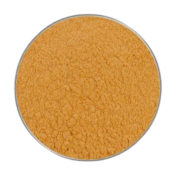 Ein kreisförmig ausgeschnittener Blick auf ein kräftig orangefarbenes Pulver mit fein-körniger, leicht klumpiger Struktur. Der Bildhintergrund ist nicht sichtbar.