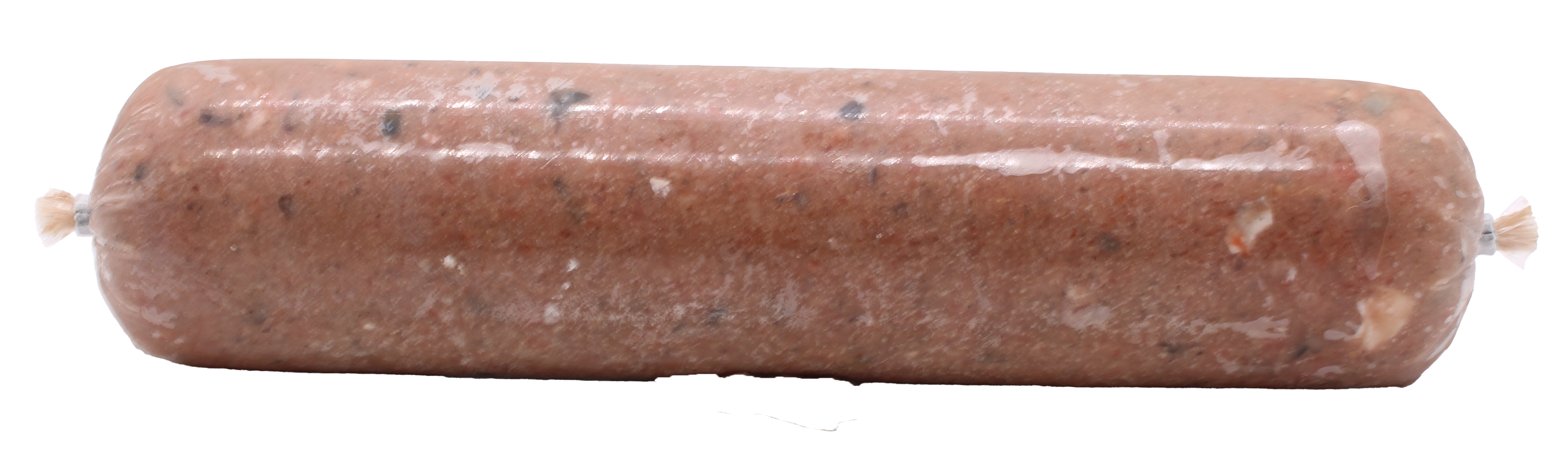 Eine Frostfleischrolle mit hellrosa-braunem, fein gewolftem Inhalt und kleinen dunklen sowie hellen Stücken. Oberfläche glatt und leicht glänzend. Verpackt in einem nicht essbaren Kunstdarm.