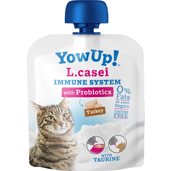 Katzenfutterbeutel mit Aufdruck, türkisfarbenem Design und Abbildung eines Truthahns, beworben mit probiotischen Inhaltsstoffen.