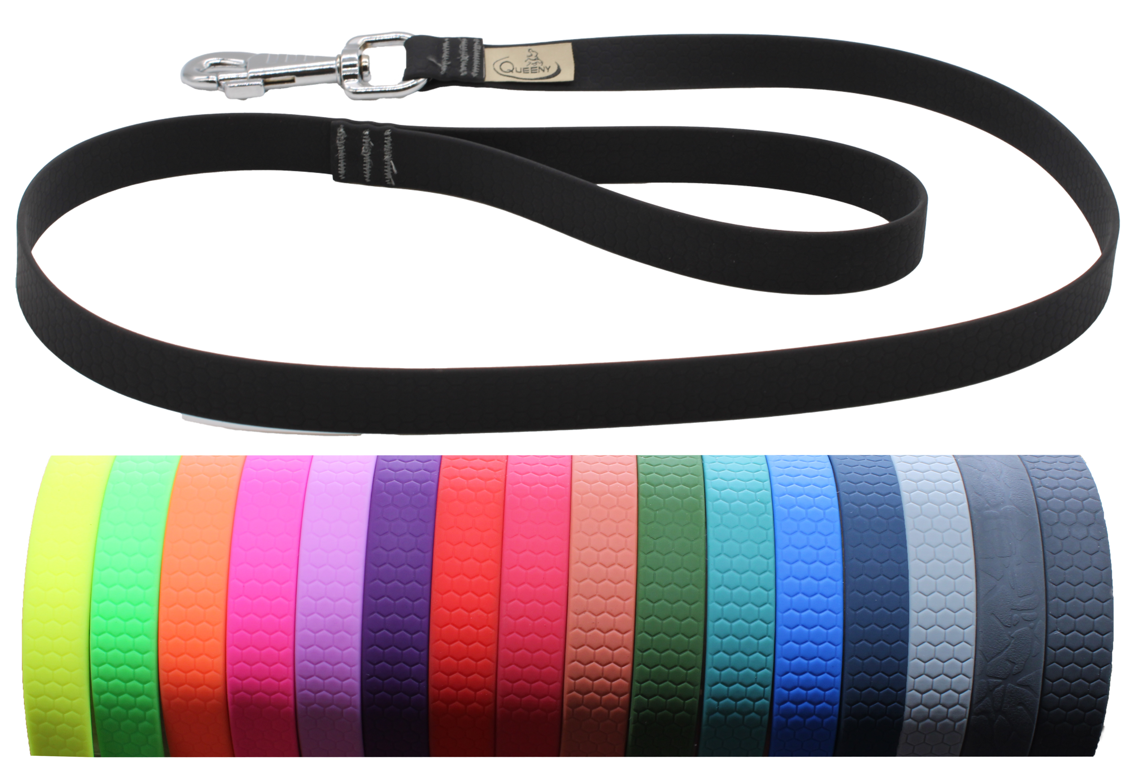 Eine Hundeleine mit Wabenstruktur und silbernem Karabinerhaken, hier in Schwarz gezeigt. Darunter sind die weiteren verfügbaren Farben von Gelb über Grün, Pink und Blau bis Grau abgebildet.