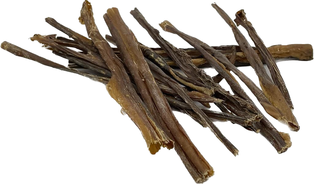 Mehrere dünne, längliche Streifen in Hell- bis Dunkelbraun mit leicht glänzender, faseriger Oberfläche. Unregelmäßig geformt und an den Enden leicht eingerissen.