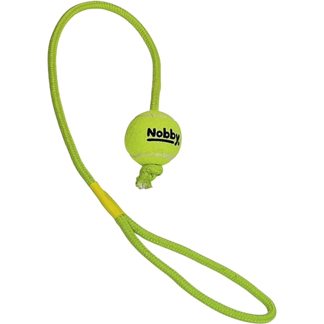 Grüner Tennisball mit schwarzem Aufdruck, befestigt an einer grünen Schlaufe mit gelbem Abschnitt nahe der Schlaufe.