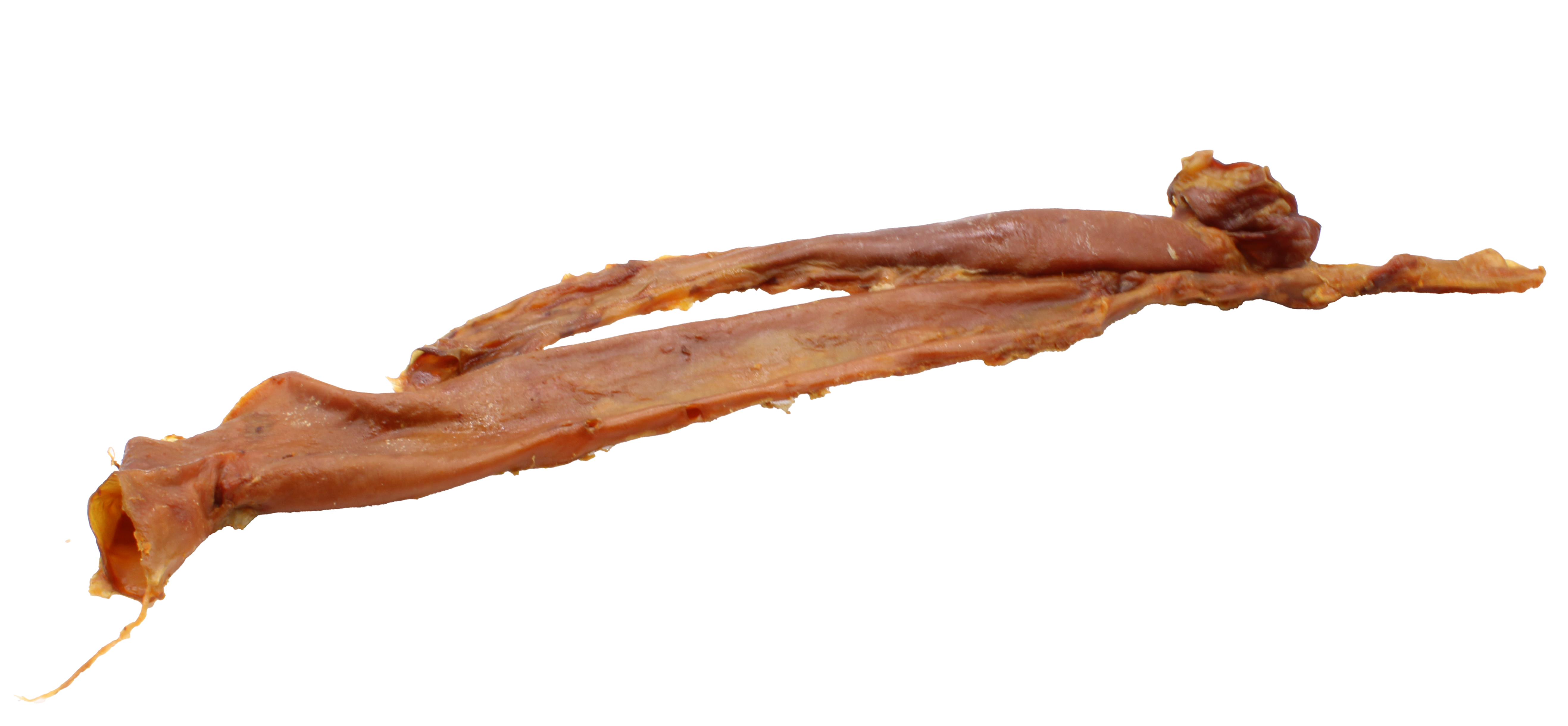 Längliches, getrocknetes Fleischstück mit verdrehter Form und faseriger, rauer Oberfläche in verschiedenen Braun- und Rottönen.