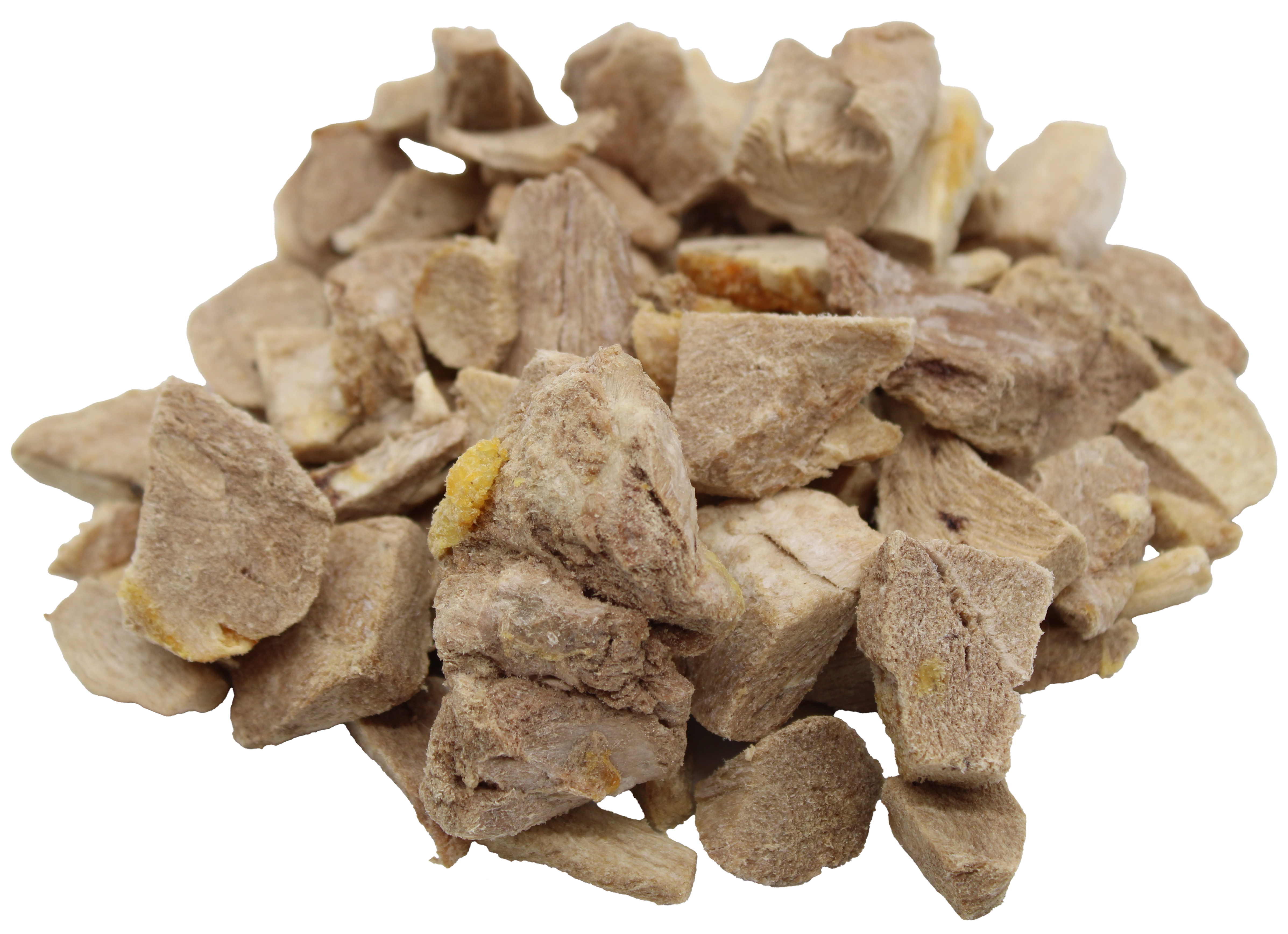 Unregelmäßig geformte, getrocknete Fleischstücke in hellbraunen Tönen mit faseriger, rauer Oberfläche; locker auf weißem Untergrund gestapelt.