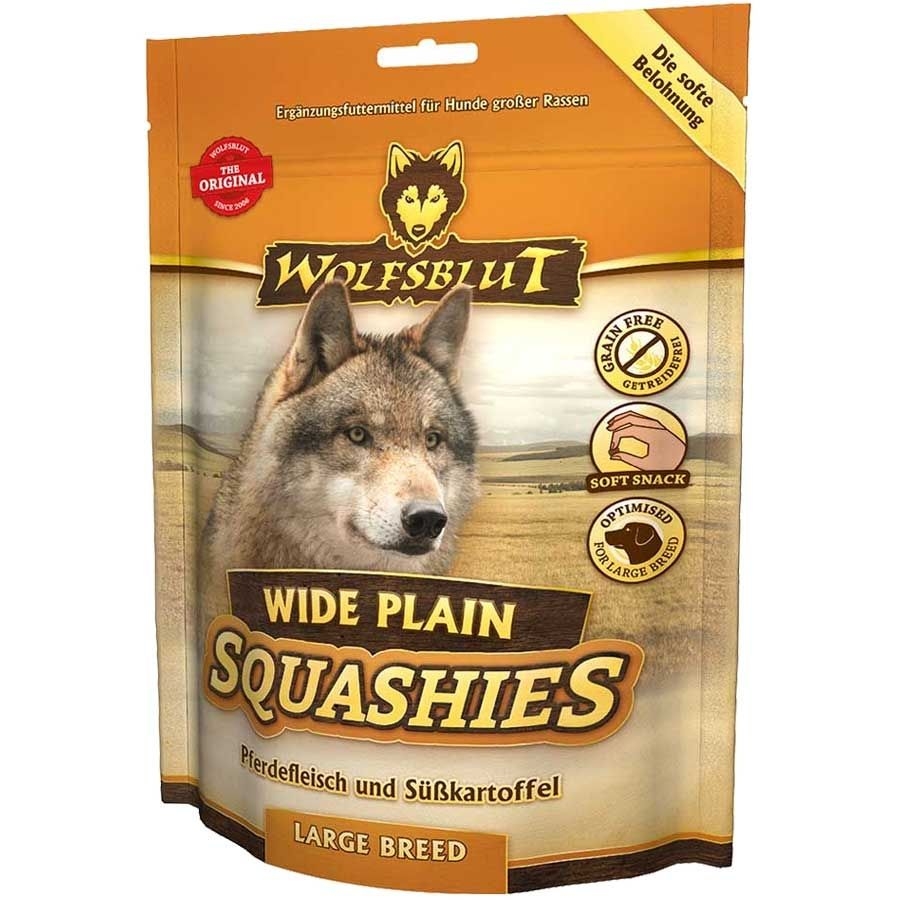 Tüte mit Hundesnack für große Rassen, zeigt Wolf vor orange-braunem Hintergrund. Hinweise auf weiche Konsistenz und getreidefreie Rezeptur.
