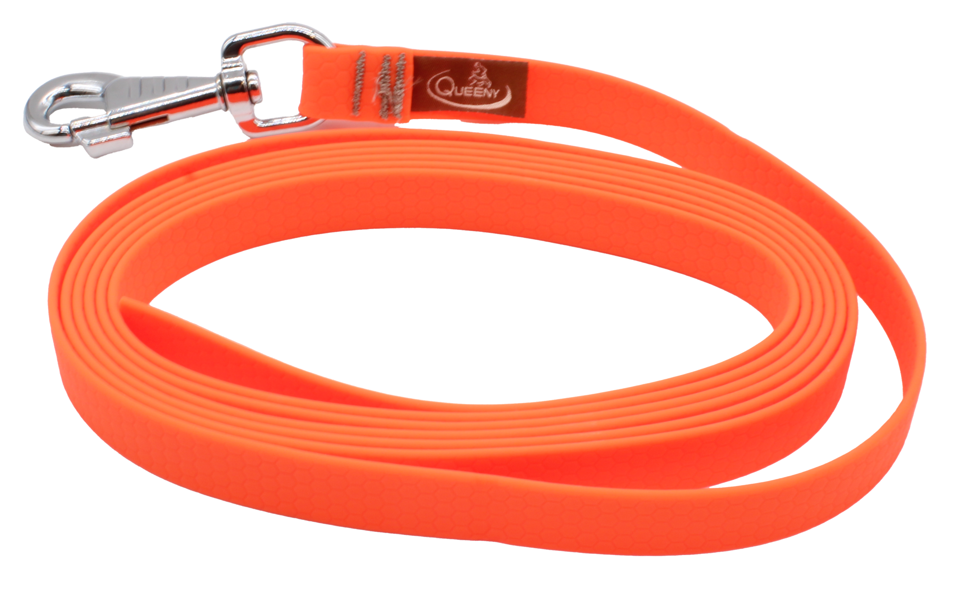Hundeleine in Neonoranger Farbe mit strukturierter Oberfläche, Metallkarabiner am Ende und kleinem Label nahe dem Verschluss.