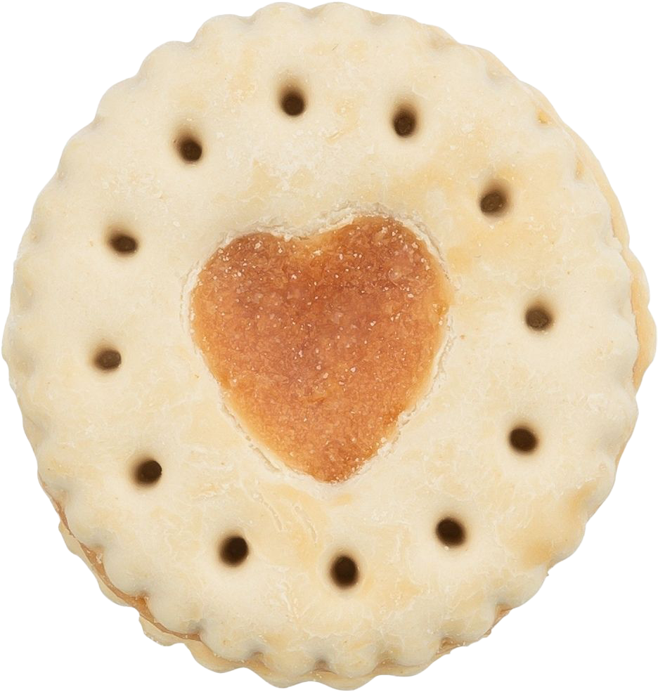 Ein runder, hellbeiger Hundekeks mit gewelltem Rand, kleinen dunklen Punkten auf der Oberfläche und einem herzförmigen, braunen Kern in der Mitte, trocken und fest wirkend