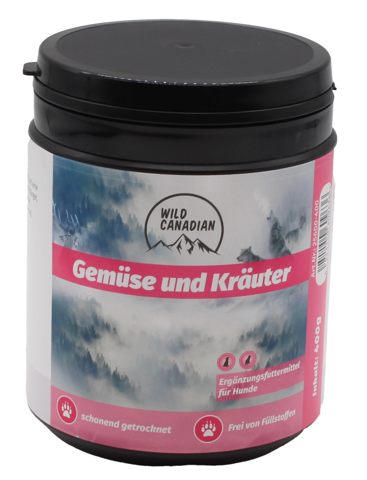 Eine runde schwarze Kunststoffdose mit Schraubdeckel und Etikett in Rosa und Blau mit der Aufschrift „Gemüse und Kräuter“. Das Etikett zeigt eine neblige Berglandschaft mit dem Logo „Wild Canadian“.