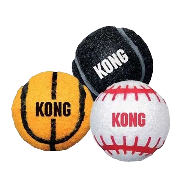 Drei Hundespielbälle im Design von Basketball, Tennisball und Baseball. Jeder Ball trägt den Aufdruck ‚KONG‘ in passender Farbe.