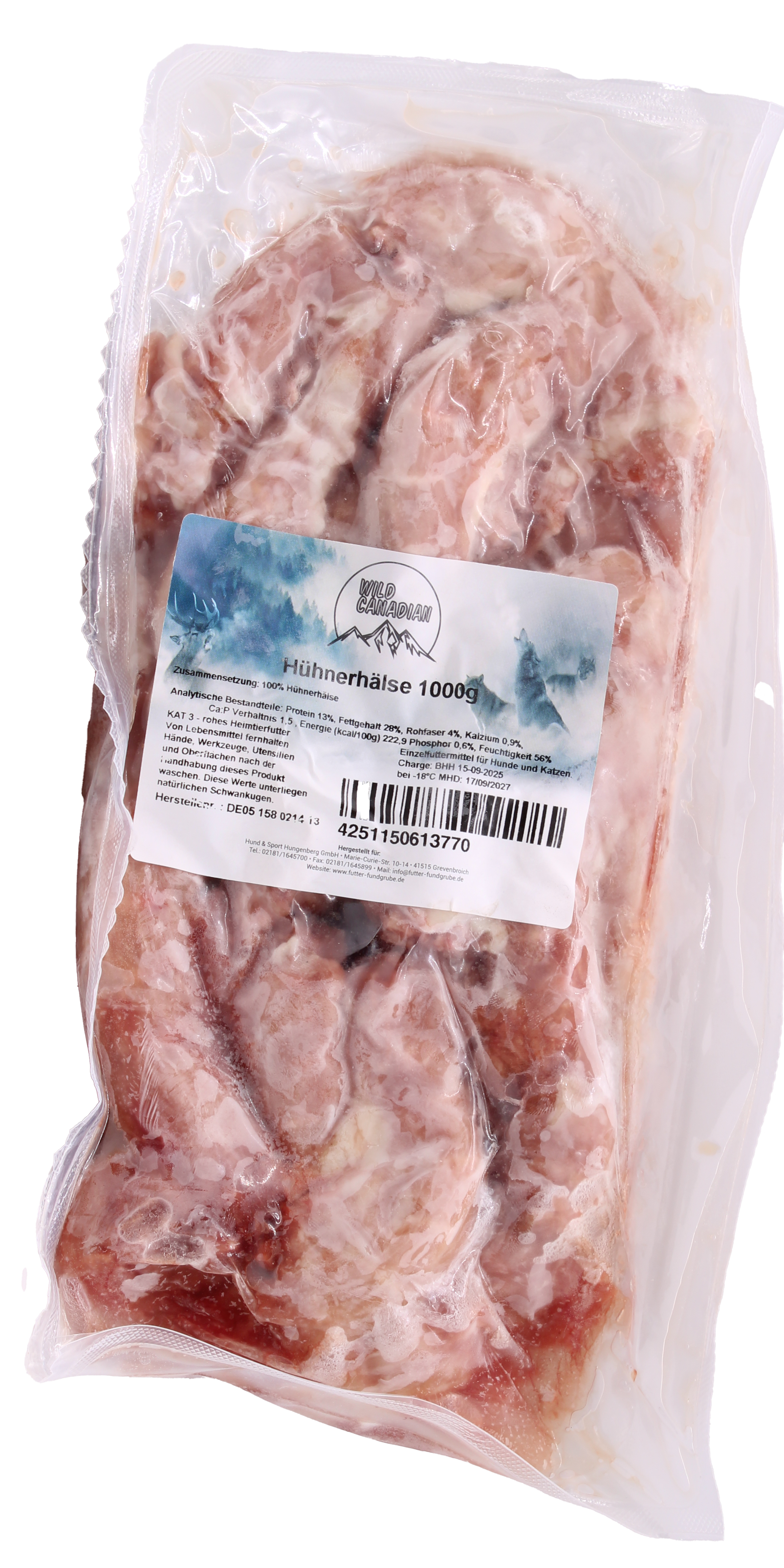 Hühnerhälse am Stück 7 x 1000 g Ein transparenter Kunststoffbeutel mit der Aufschrift „Hühnerhälse“. Sichtbar sind mehrere rötliche, teils fleischige und knöcherne Hälse in länglicher Form.