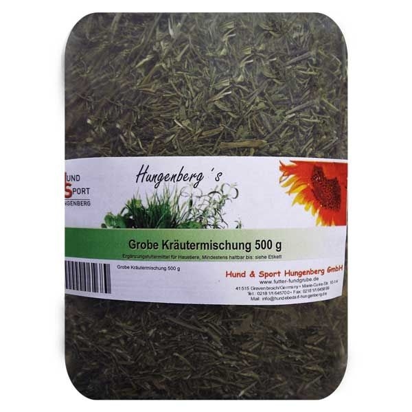 Grobe Kräutermischung 500 g Ein Beutel mit grober, grüner Kräutermischung. Die Verpackung ist transparent mit einem Etikett, das eine Sonnenblume und grüne Kräuter zeigt.