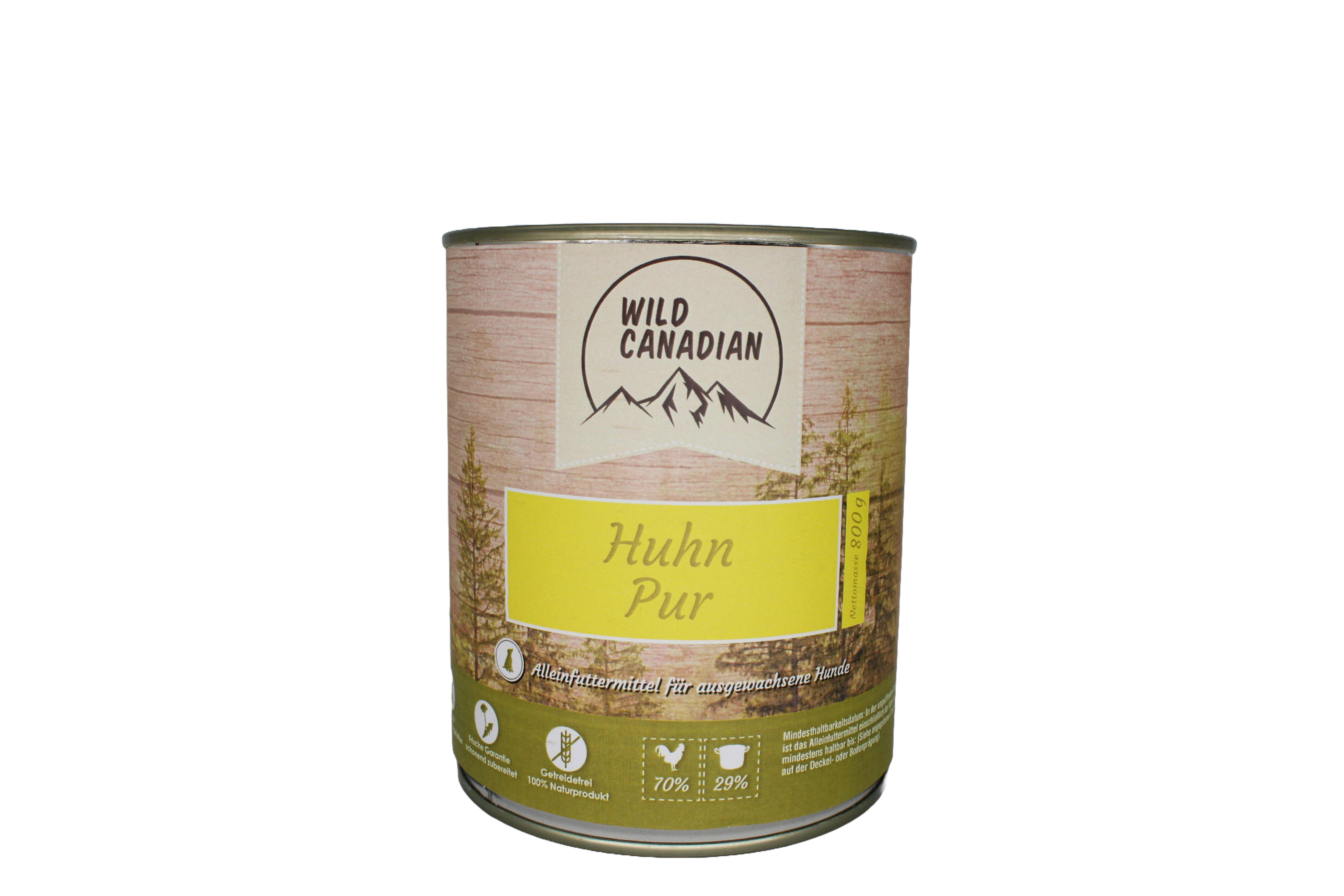 Eine Futterdose mit beigem Etikett und gelbem Feld mit der Aufschrift „Huhn Pur“. Unten grüne Fläche mit Symbolen für Geflügelanteil, Zubereitung und Getreidefreiheit.